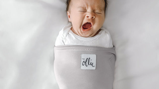 Yawning newborn wrapped snugly in a gray Ollie swaddle