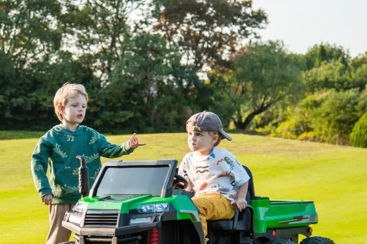 Children in a ride-on car