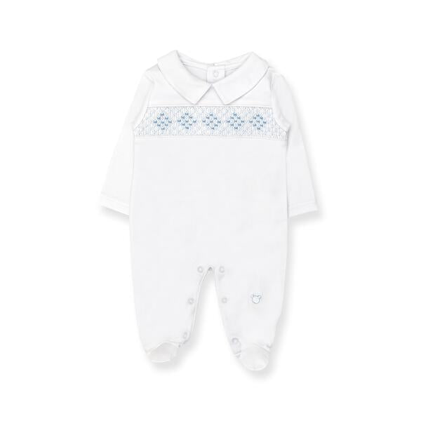 Set Smock Blanket + Footie + Beanie Pima, White & Blue