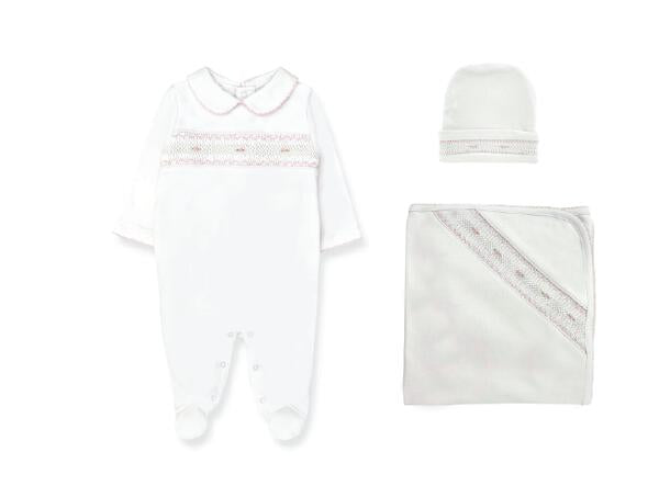 Set Smock Blanket + Footie + Beanie Pima, White & Pink