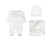 Set Smock Blanket + Footie + Beanie Pima, White