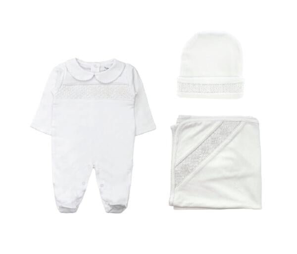 Set Smock Blanket + Footie + Beanie Pima, White