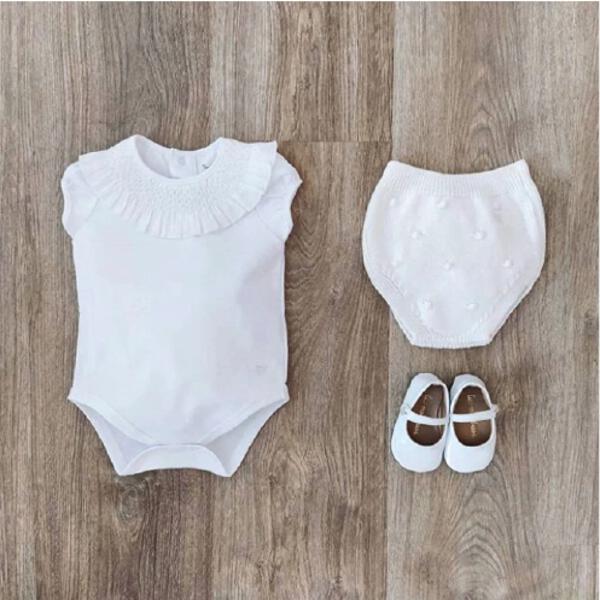 Smocked Short Sleeve Bodysuit, White