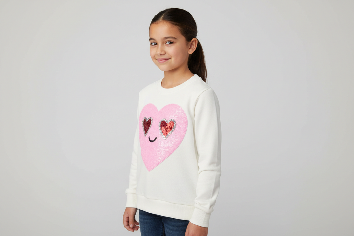 Tweenstyle By Stoopher - Sequin Heart Smiley - White Crewneck