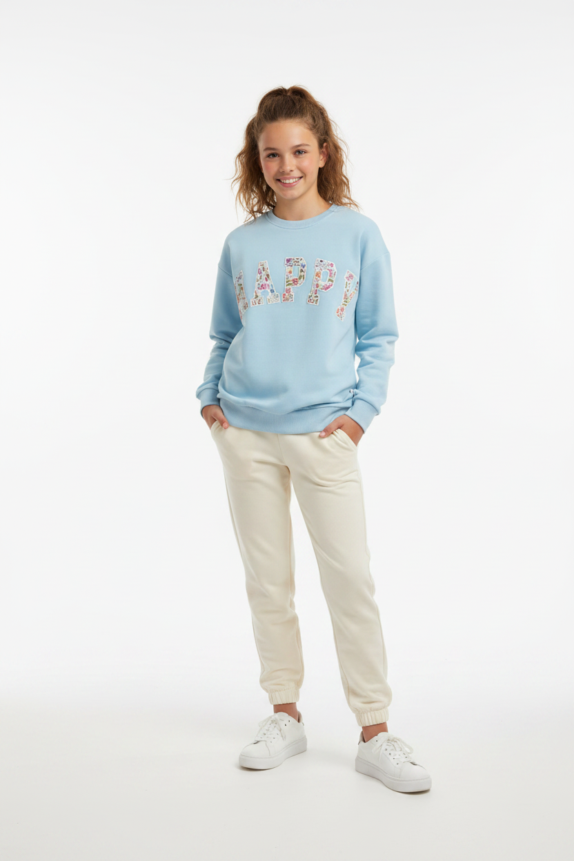 Tweenstyle By Stoopher - Light Blue Crewneck - Happy Floral Patch