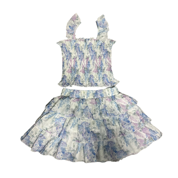 Tweenstyle By Stoopher - Hydrangeas Print Smocked Strap Top And Layered Tiered Skirt Set