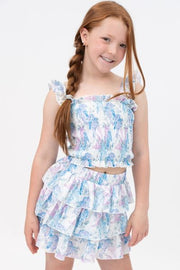Tweenstyle By Stoopher - Hydrangeas Print Smocked Strap Top And Layered Tiered Skirt Set