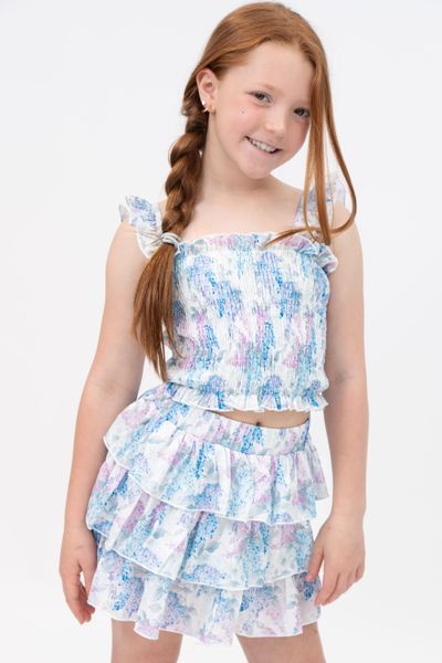 Tweenstyle By Stoopher - Hydrangeas Print Smocked Strap Top And Layered Tiered Skirt Set