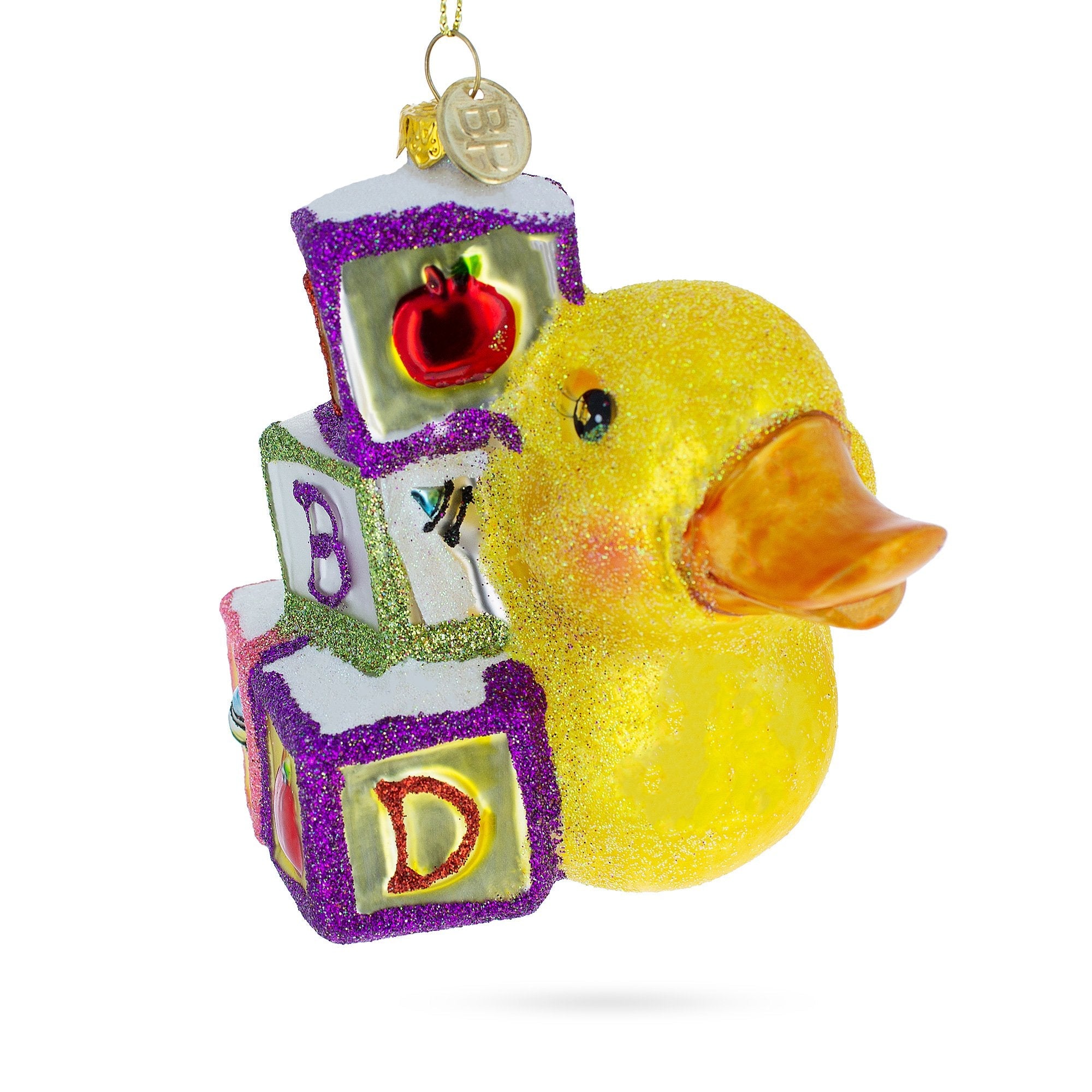 Educational Yellow Duck With Abc Blocks - Blown Glass Christmas Ornament