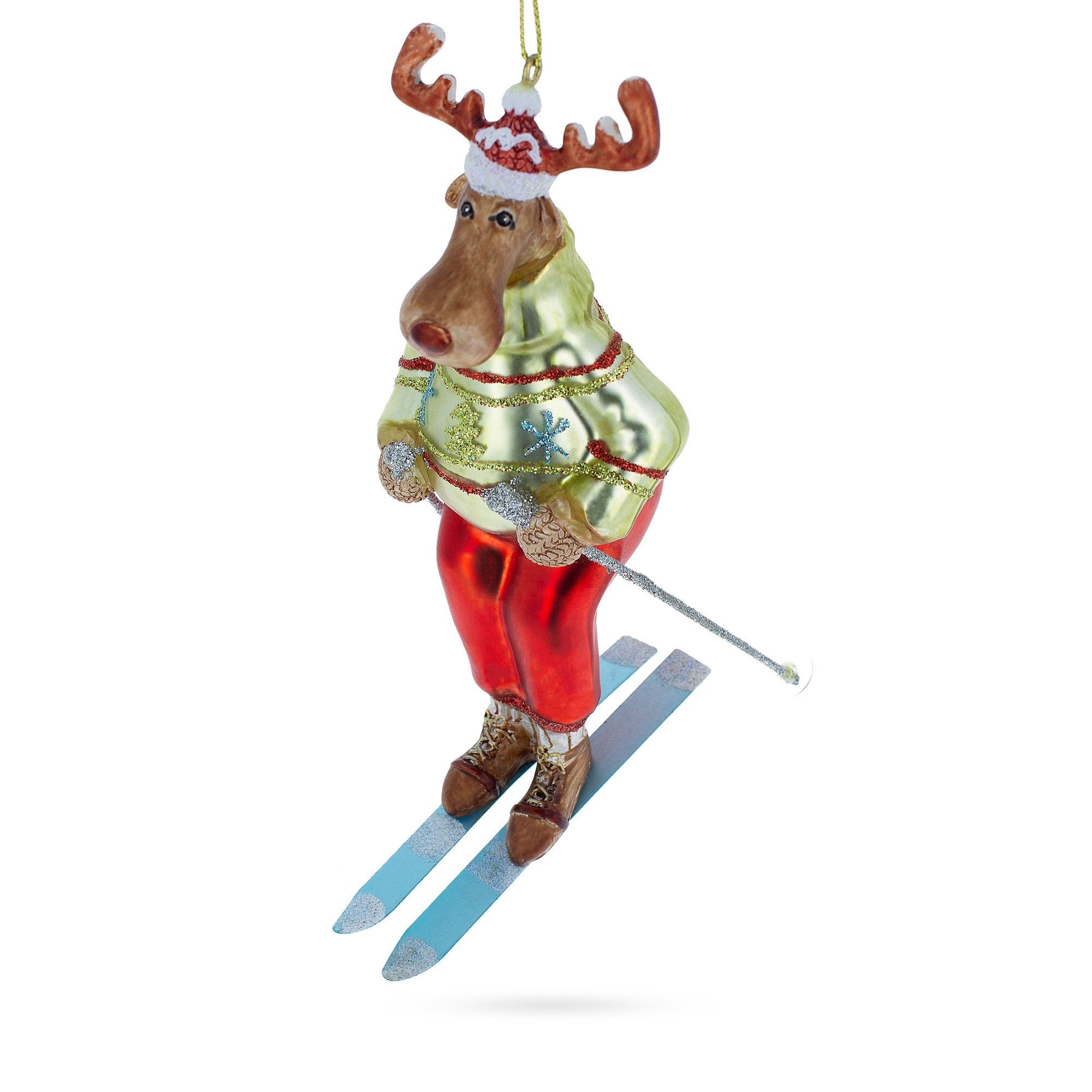 Festive Reindeer Skiing - Blown Glass Christmas Ornament