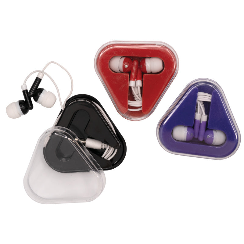 Colored Earbuds With Triangle Case - 12 Per Bag