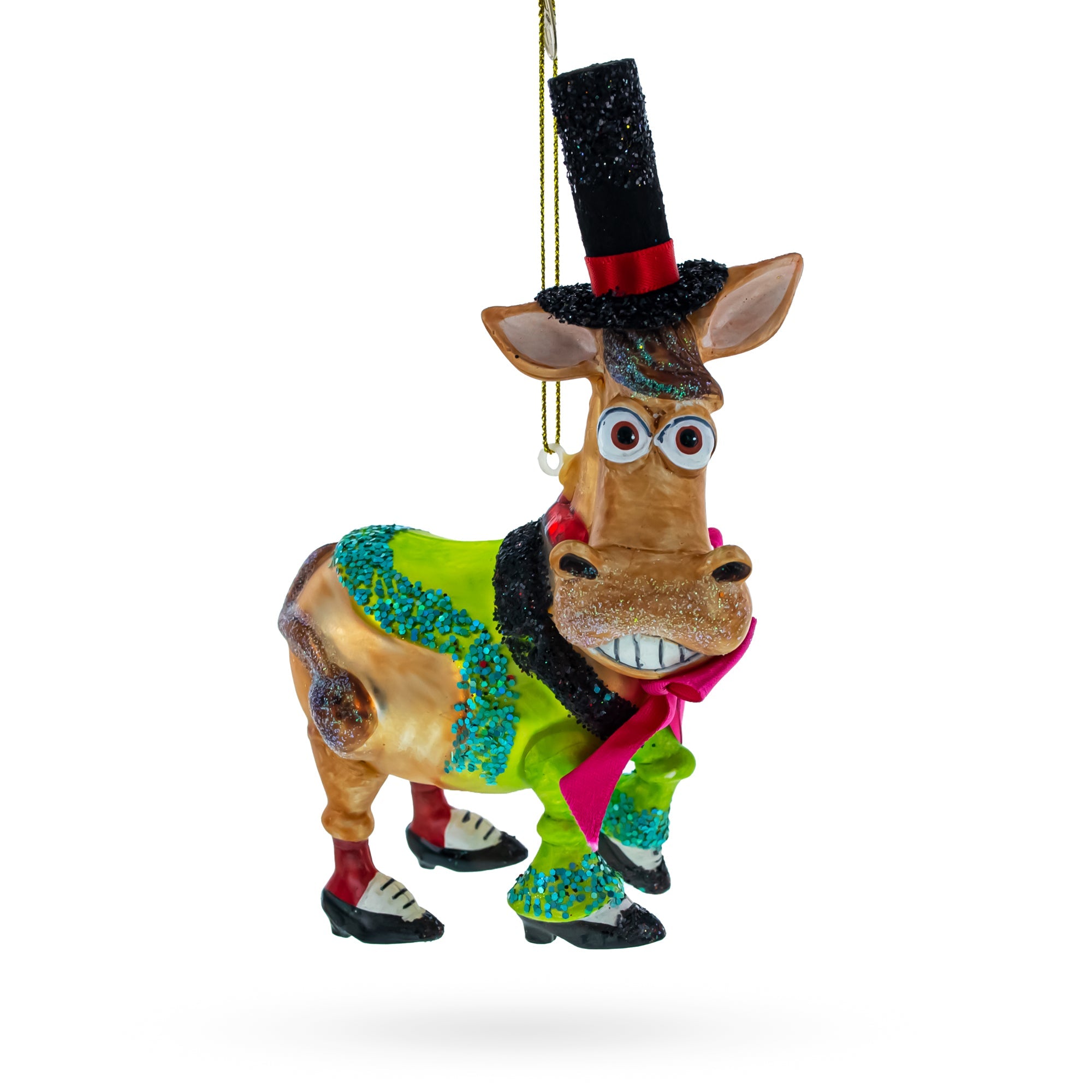 Festive Donkey: Donkey In Whimsical Costume - Blown Glass Christmas Ornament