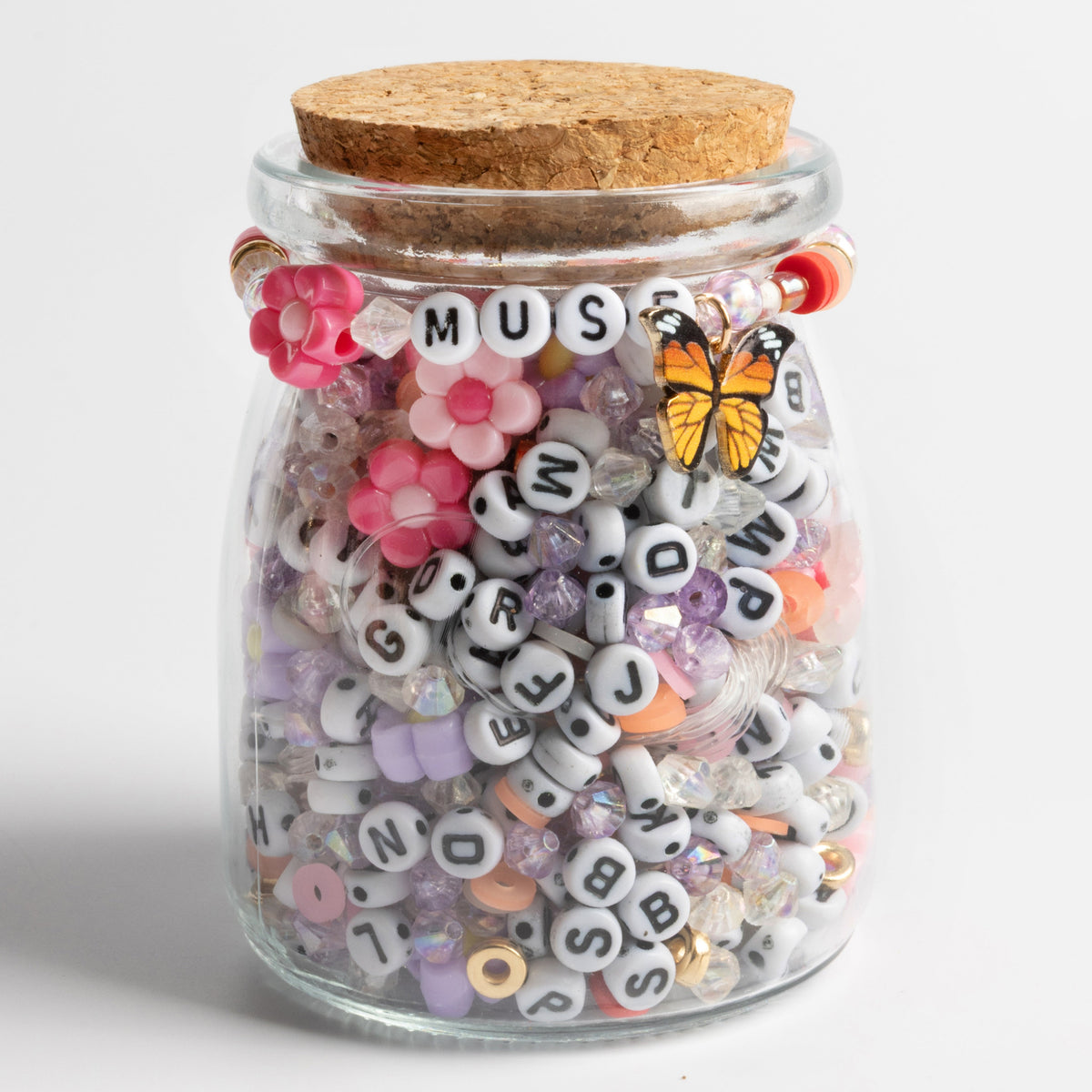 Muse Butterfly Charm, Flower Beads & Pastel Crystal Mix Diy Jar