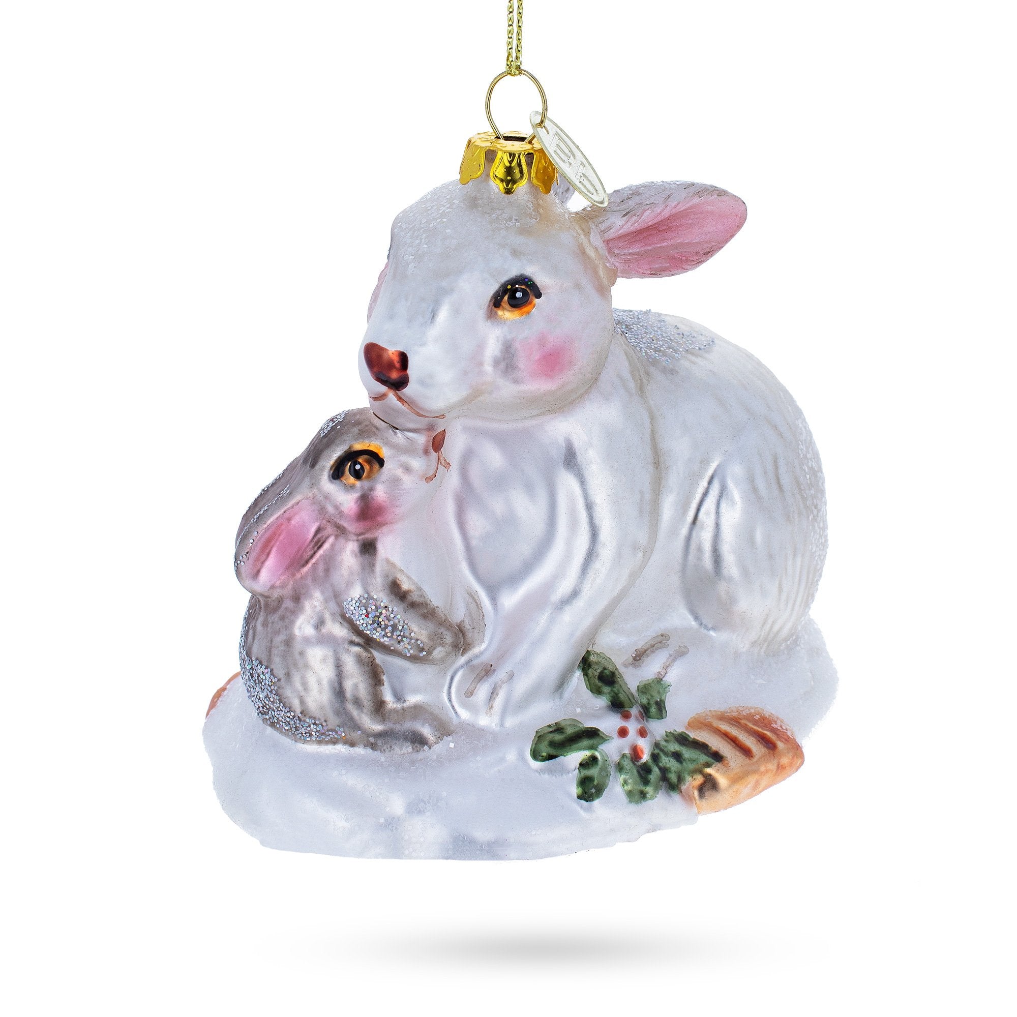 Tender Mother And Baby Bunnies - Blown Glass Christmas Ornament