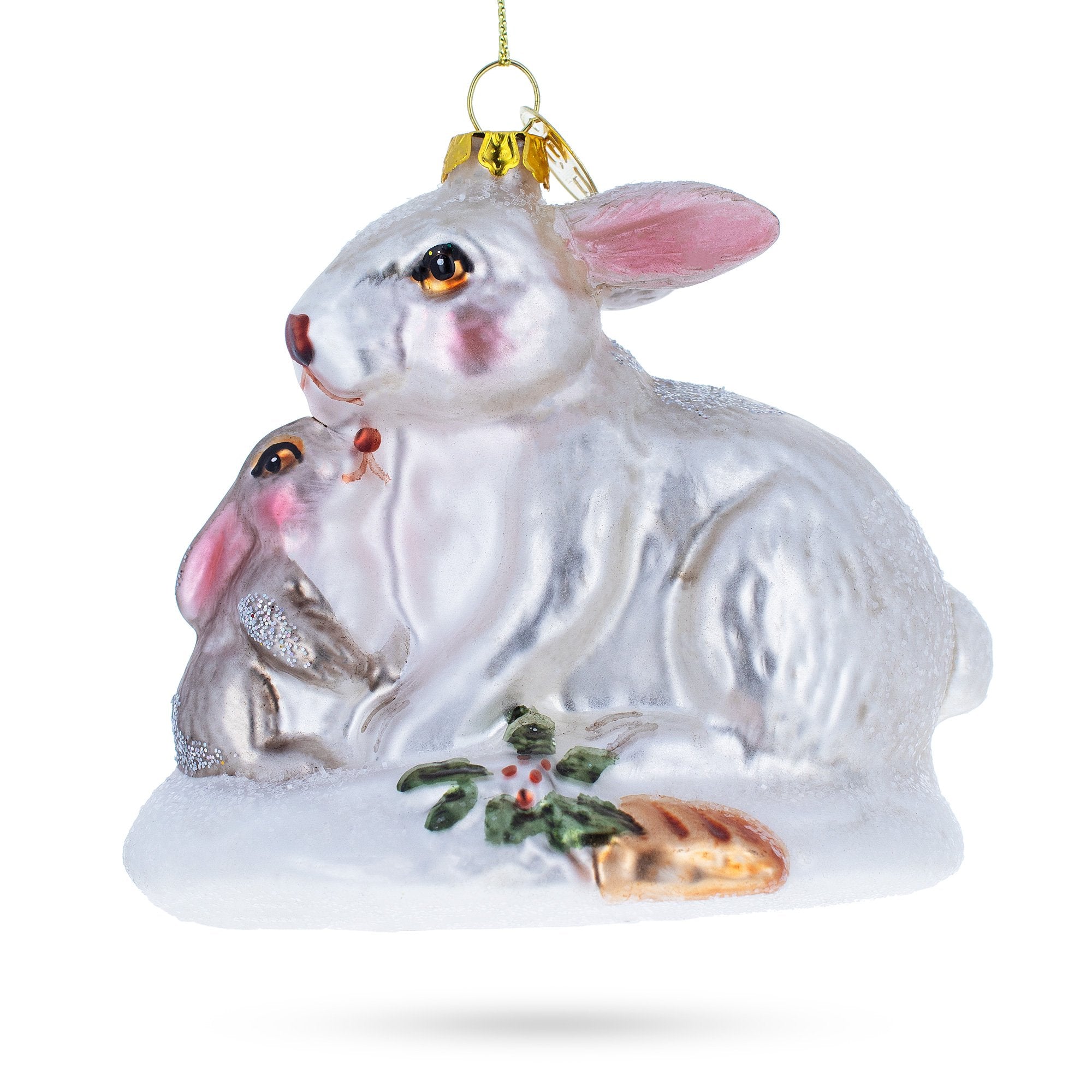 Tender Mother And Baby Bunnies - Blown Glass Christmas Ornament