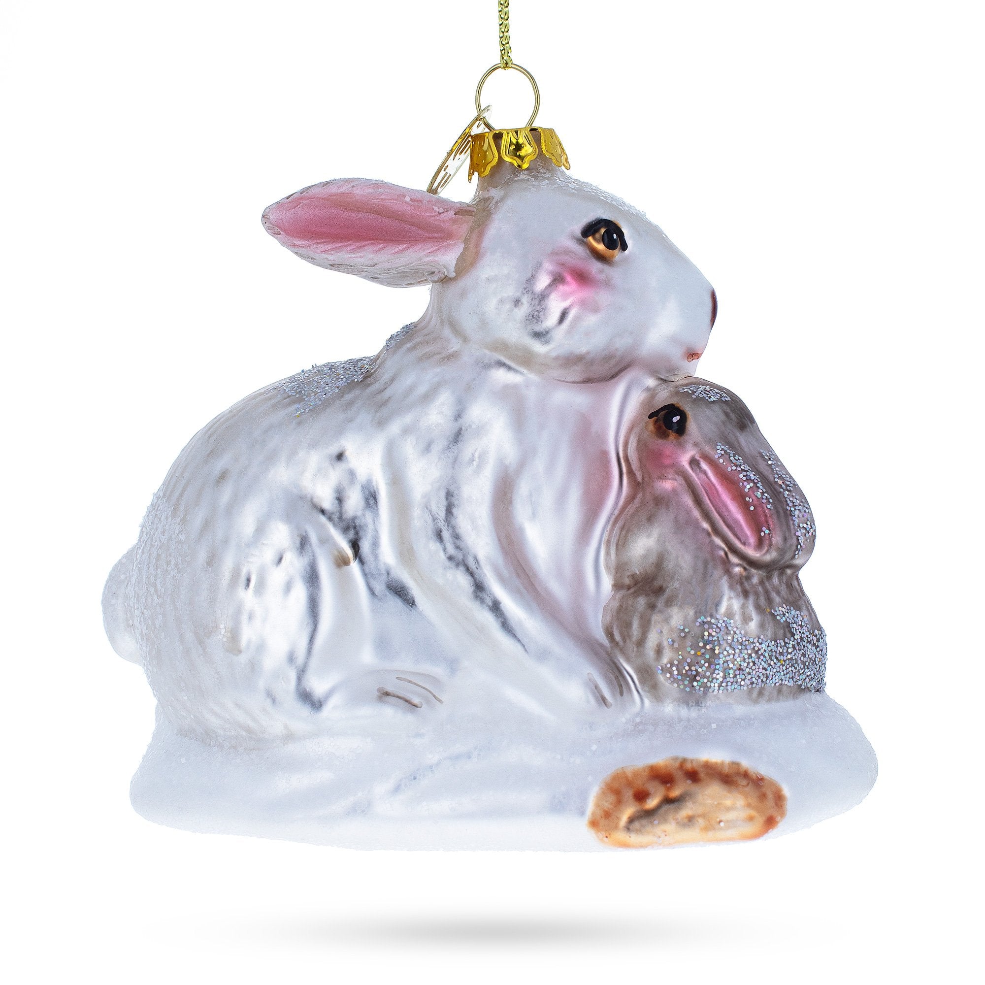 Tender Mother And Baby Bunnies - Blown Glass Christmas Ornament