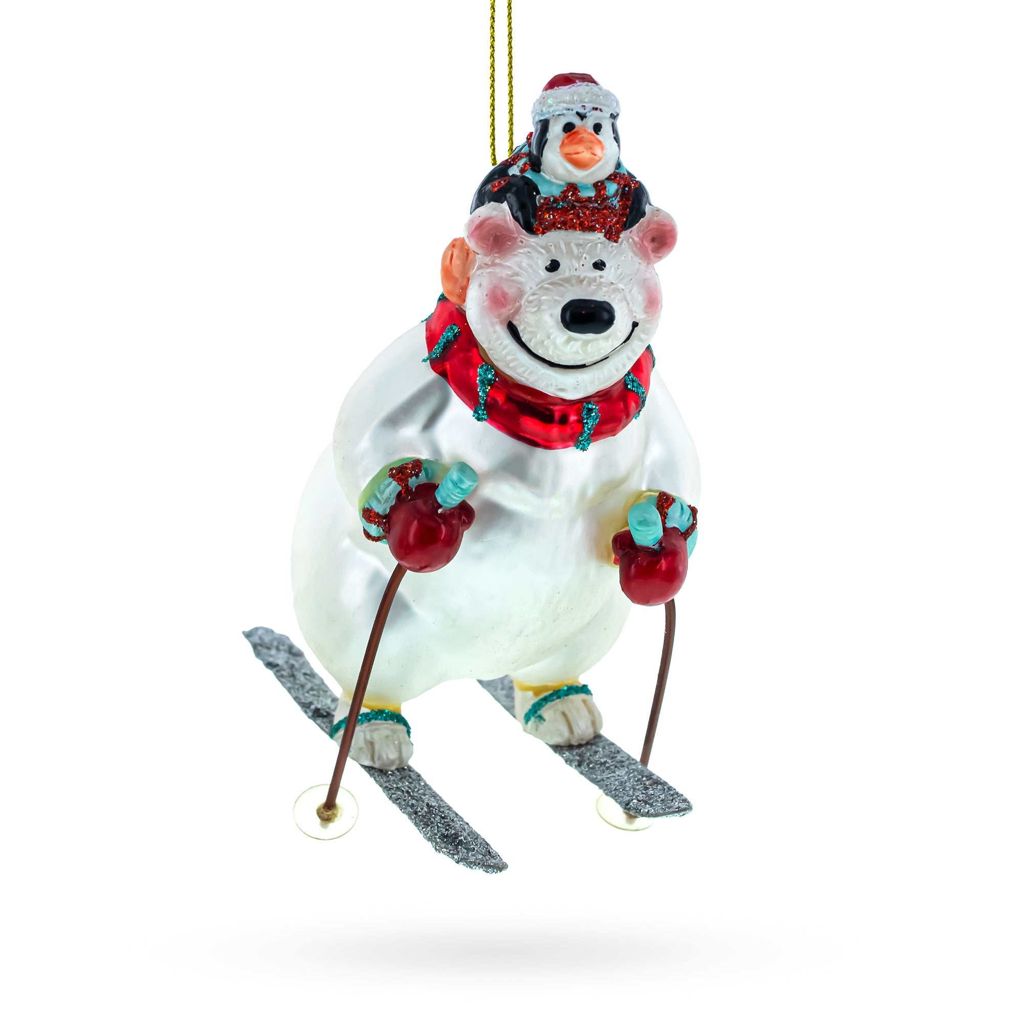 Adventurous Bear And Penguin Skiing - Blown Glass Christmas Ornament