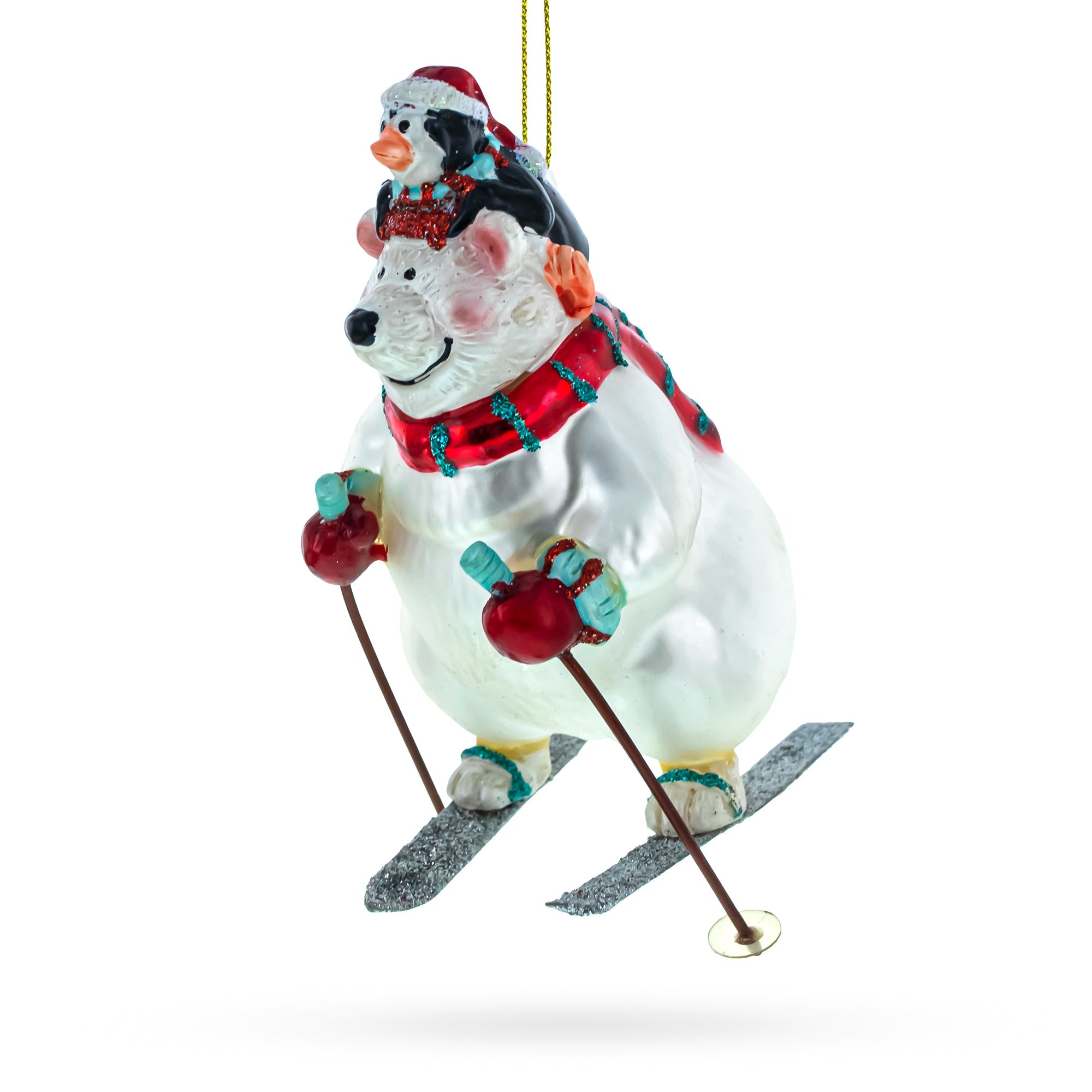 Adventurous Bear And Penguin Skiing - Blown Glass Christmas Ornament