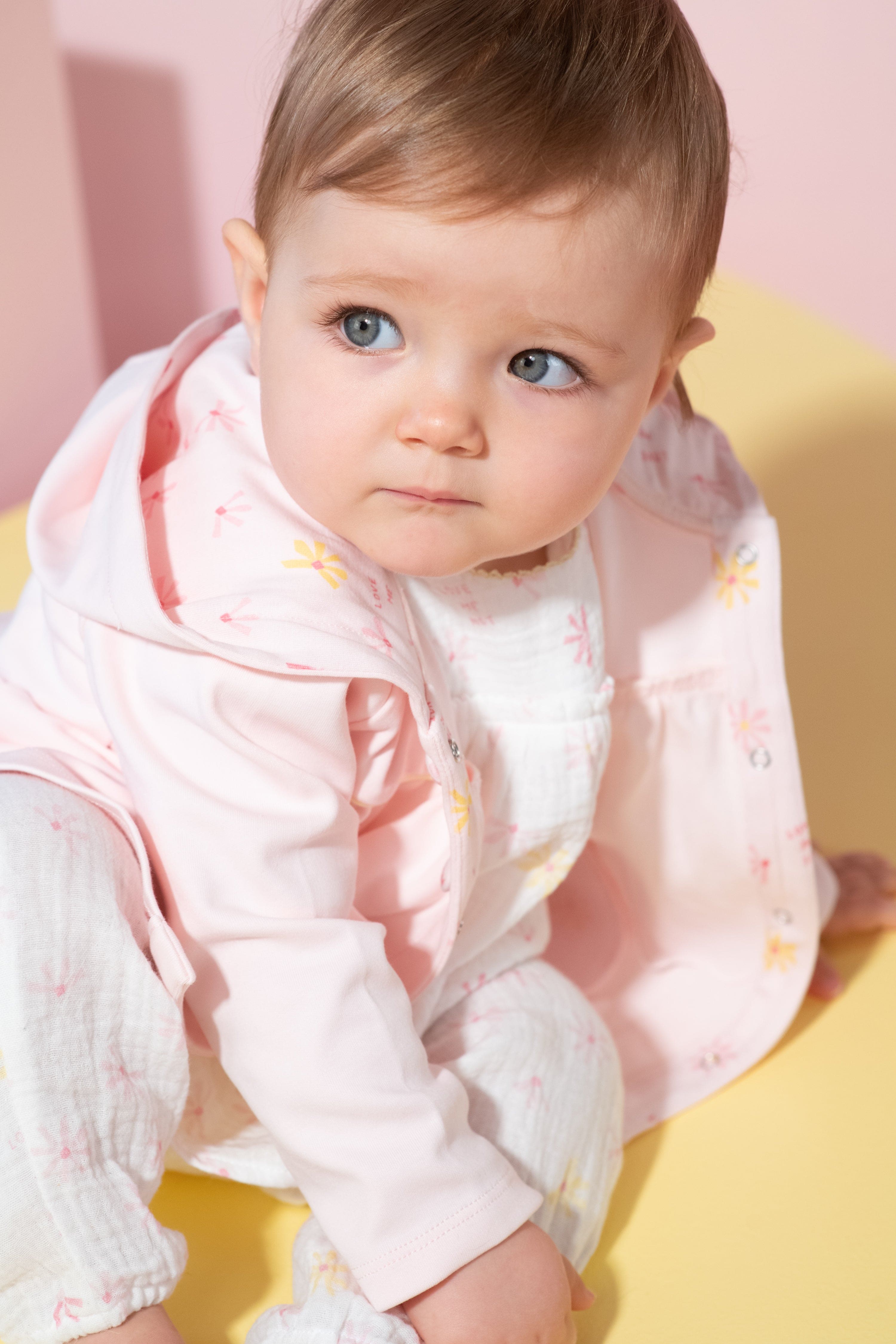 Pale Pink Baby Jacket With Yellow Piping