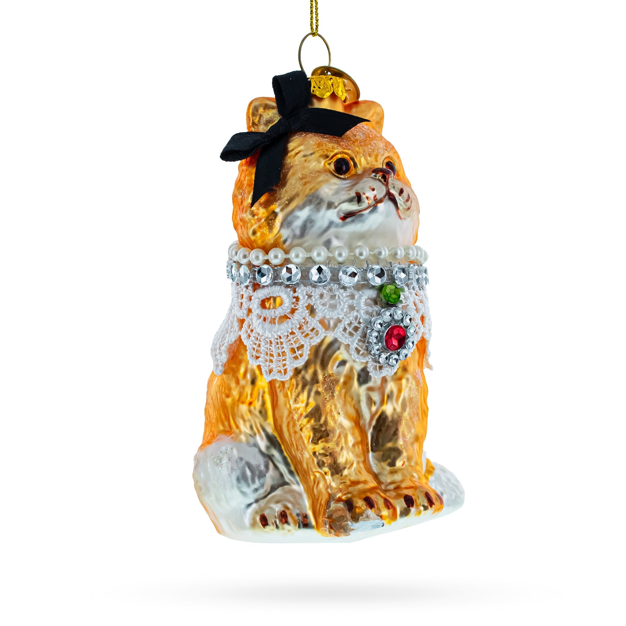 Chic Cat With Pendant - Blown Glass Christmas Ornament