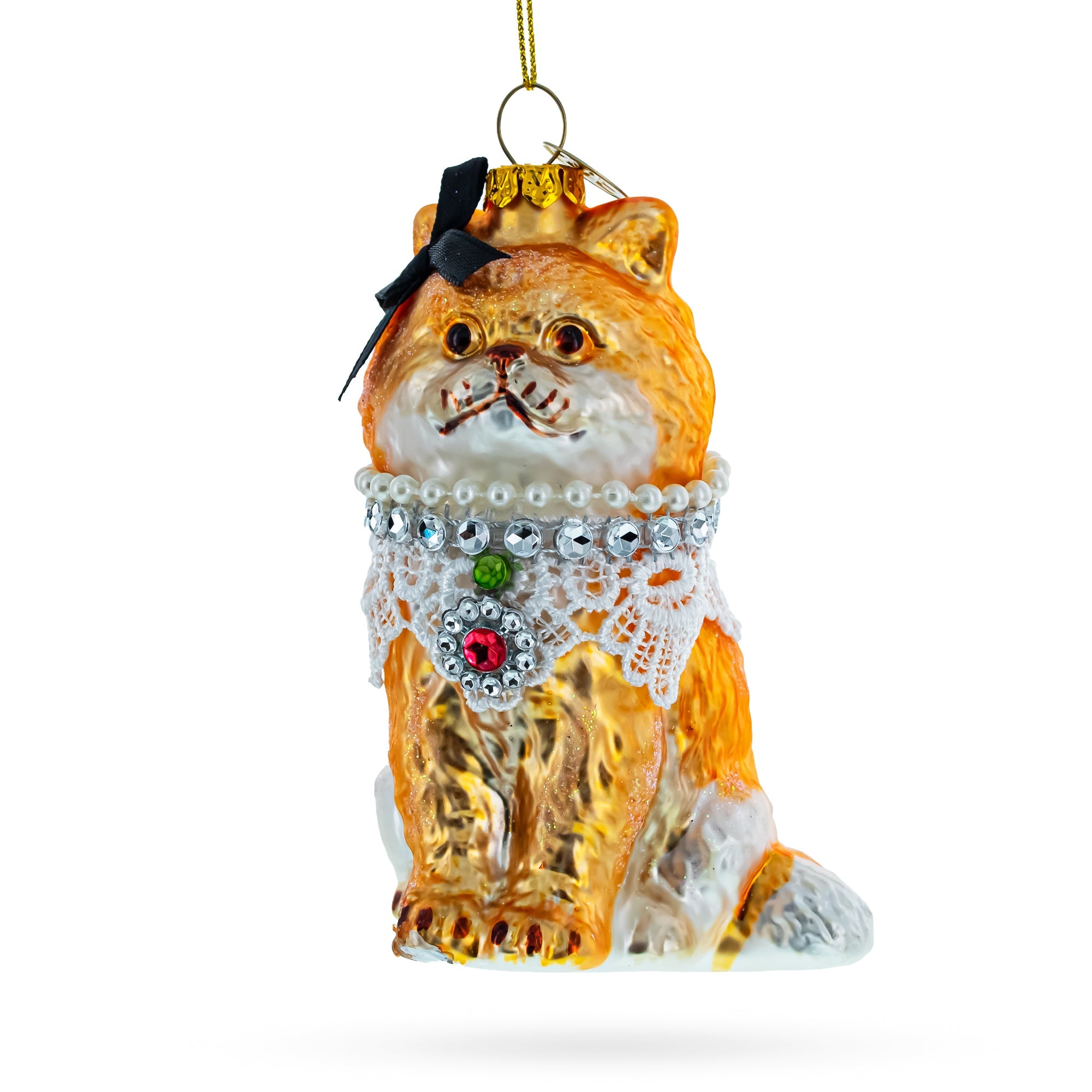 Chic Cat With Pendant - Blown Glass Christmas Ornament