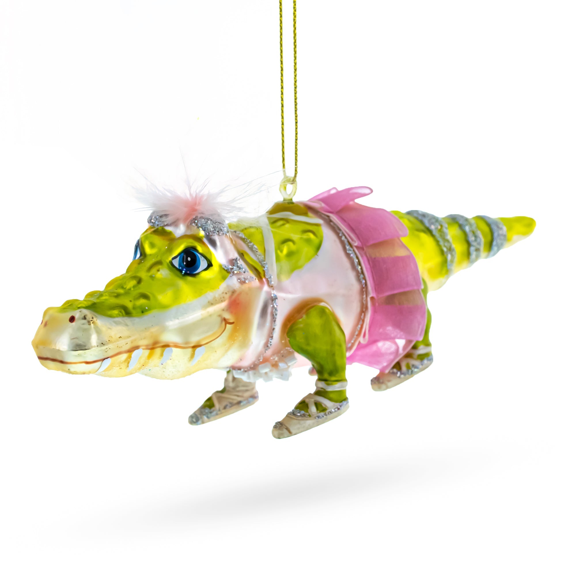 Twirling Gator: Alligator In Pink Ballerina Ensemble - Blown Glass Christmas Ornament