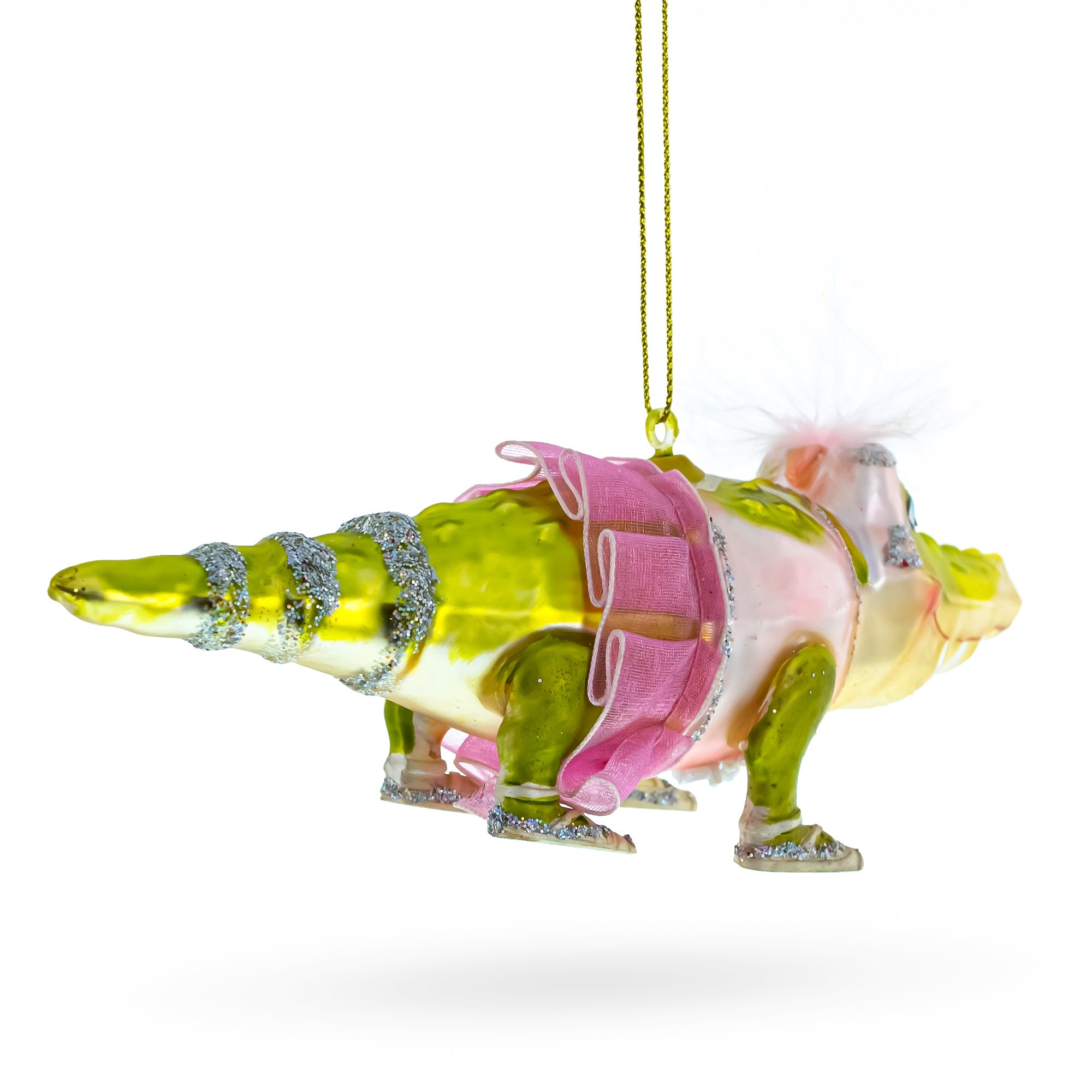 Twirling Gator: Alligator In Pink Ballerina Ensemble - Blown Glass Christmas Ornament