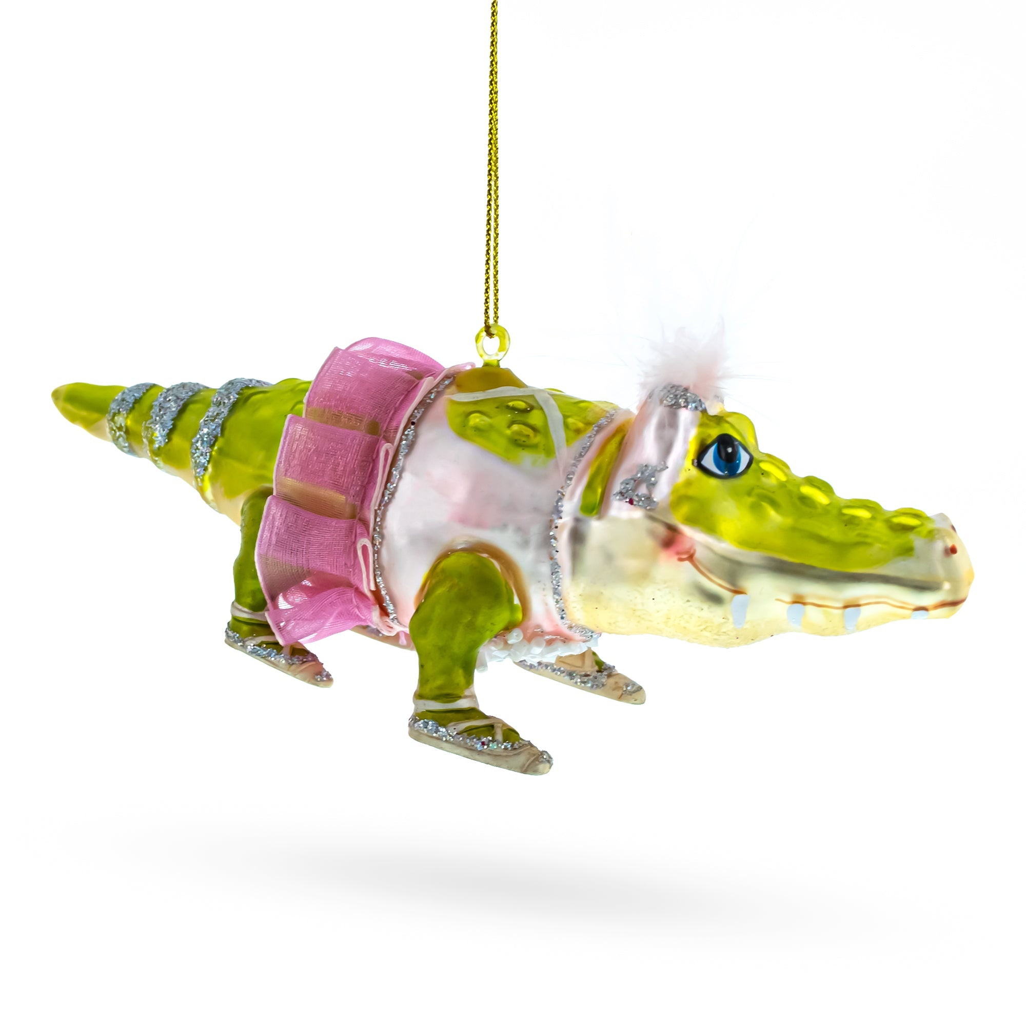 Twirling Gator: Alligator In Pink Ballerina Ensemble - Blown Glass Christmas Ornament