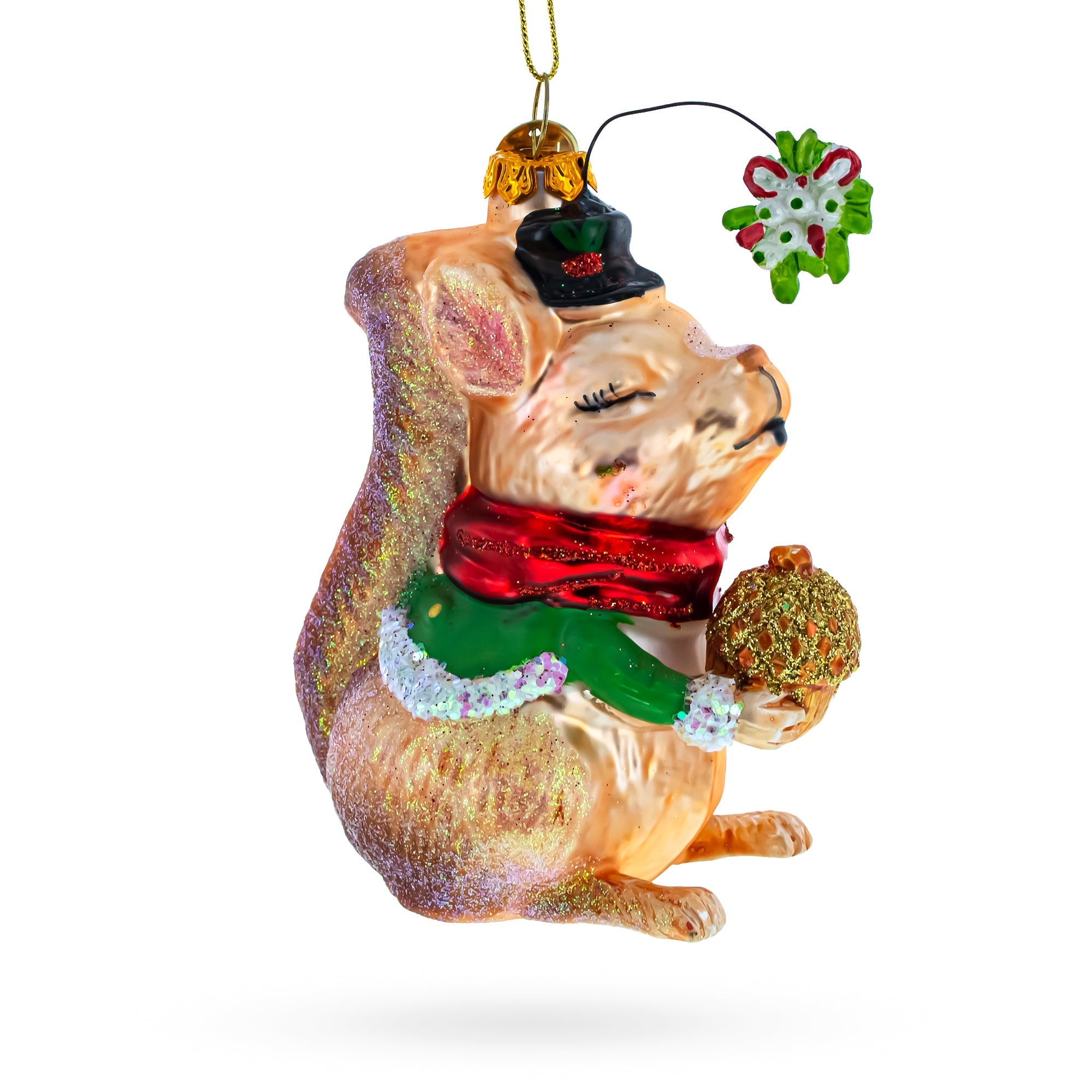 Squirrel Cradling An Acorn - Blown Glass Christmas Ornament