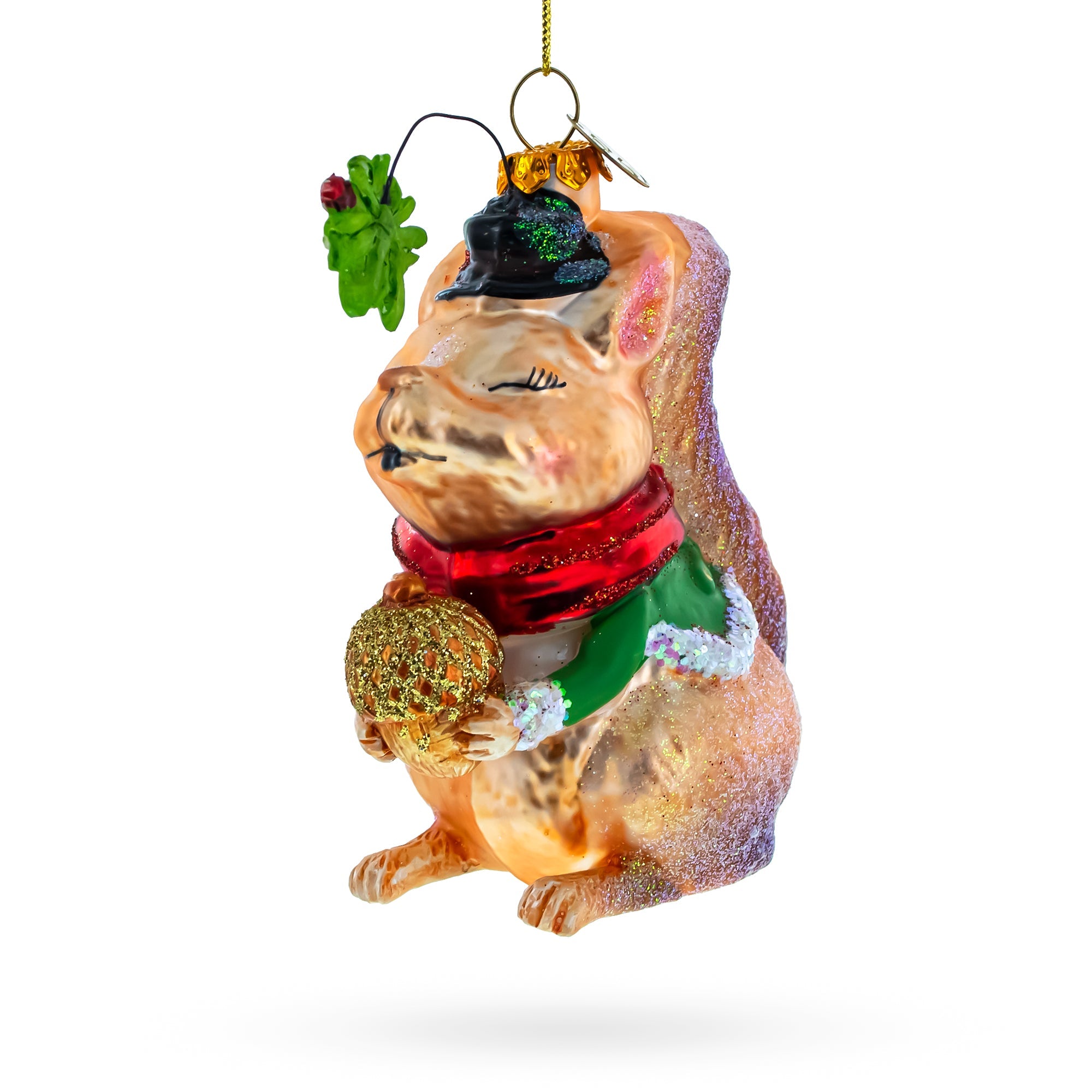 Squirrel Cradling An Acorn - Blown Glass Christmas Ornament