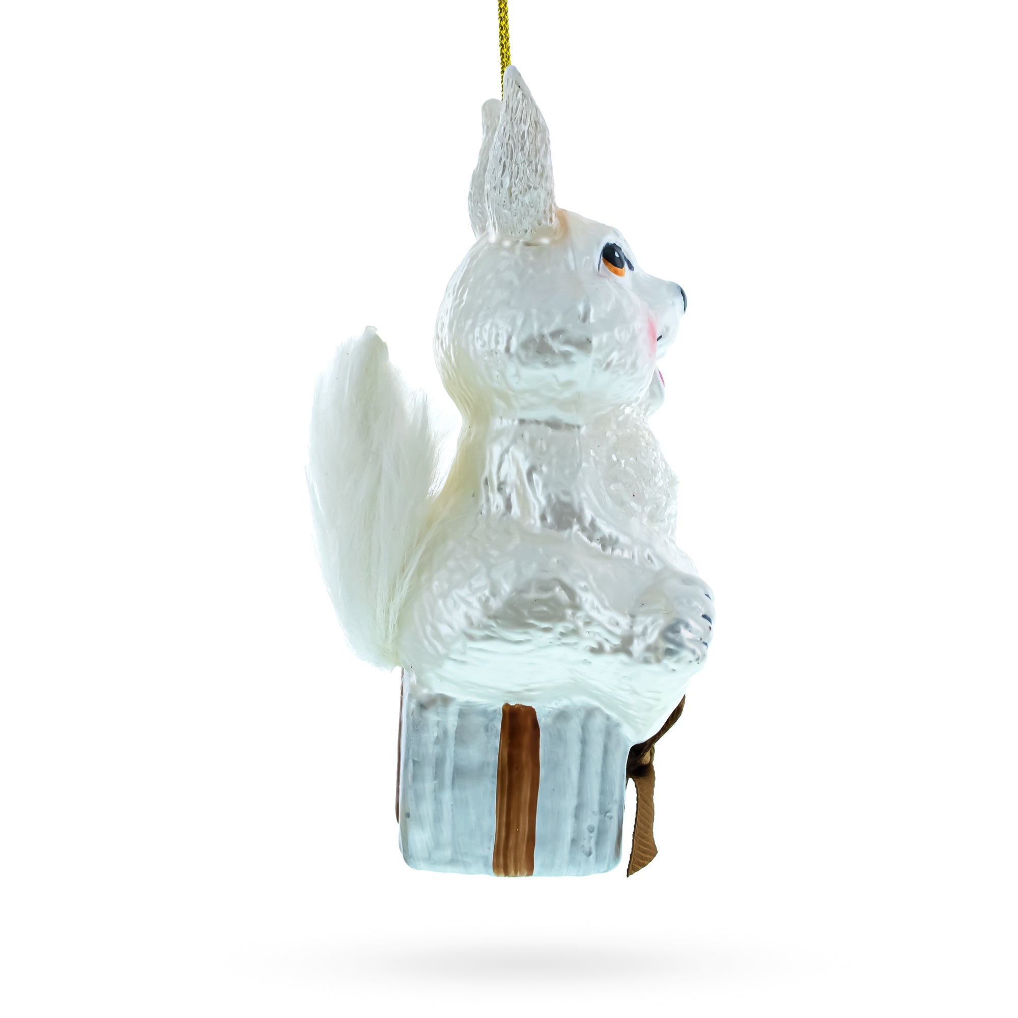 Bunny Elegantly Perched On A Festive Gift Box - Blown Glass Christmas Ornament