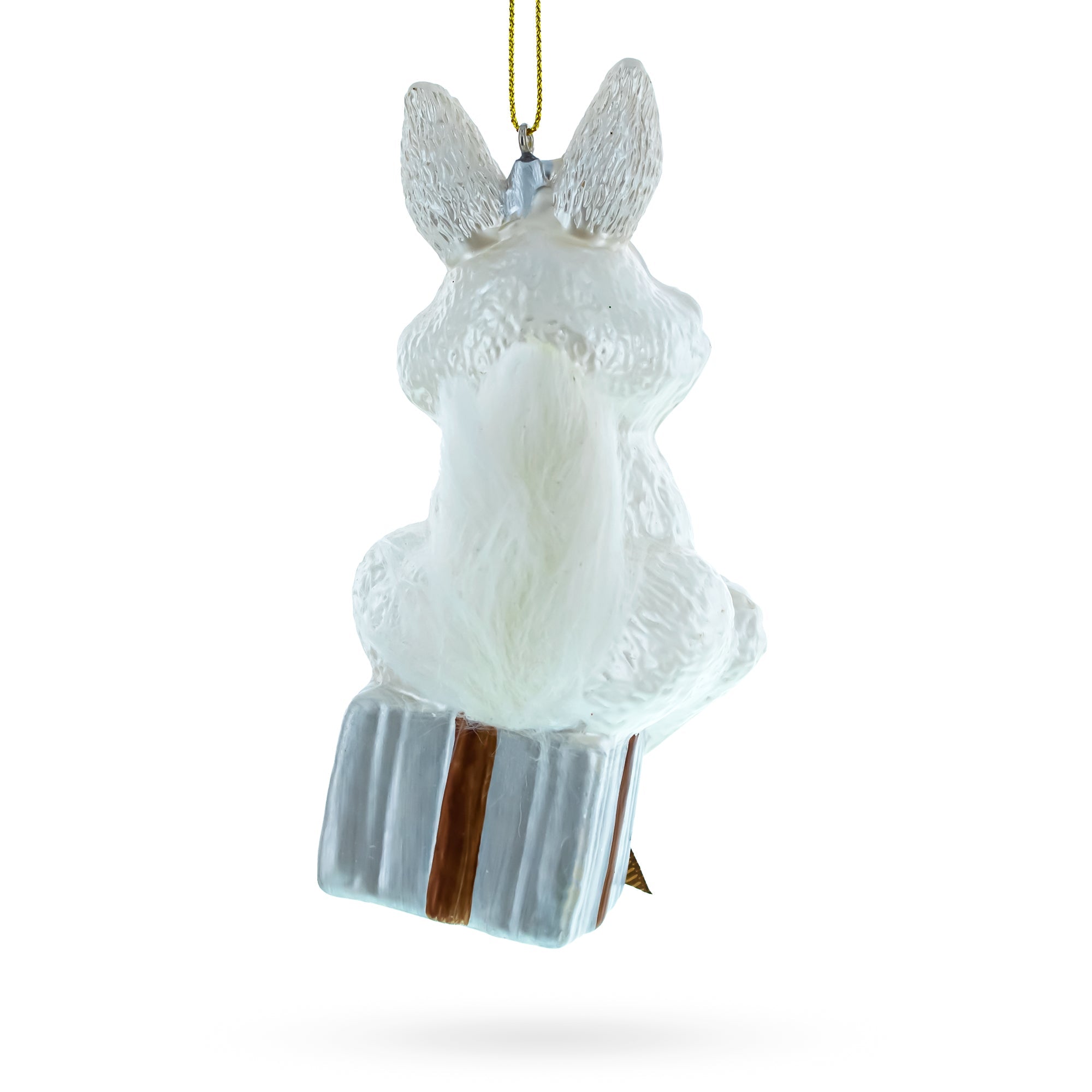 Bunny Elegantly Perched On A Festive Gift Box - Blown Glass Christmas Ornament