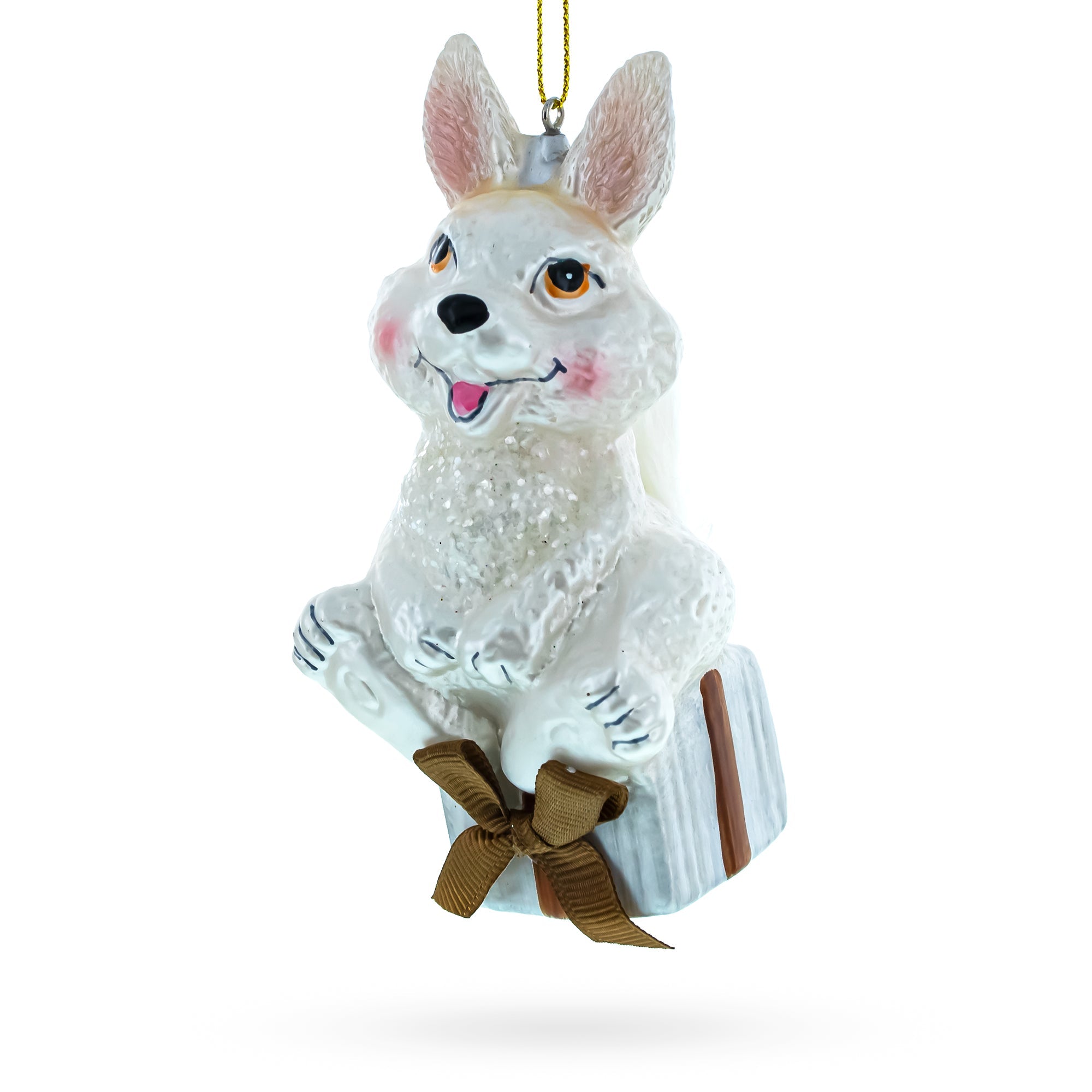 Bunny Elegantly Perched On A Festive Gift Box - Blown Glass Christmas Ornament