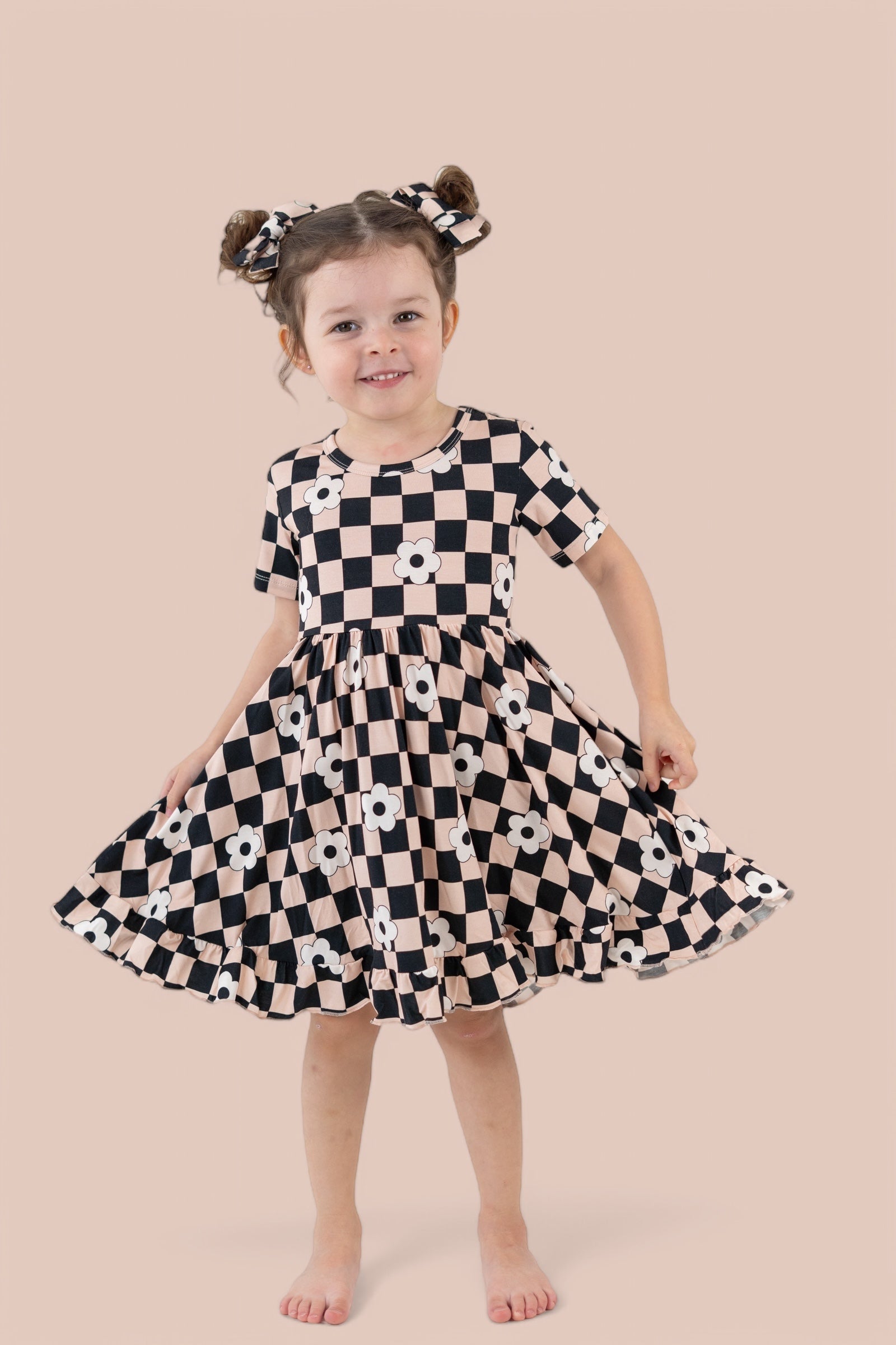 Retro Daisy Checks Dream Short Sleeve Ruffle Dress