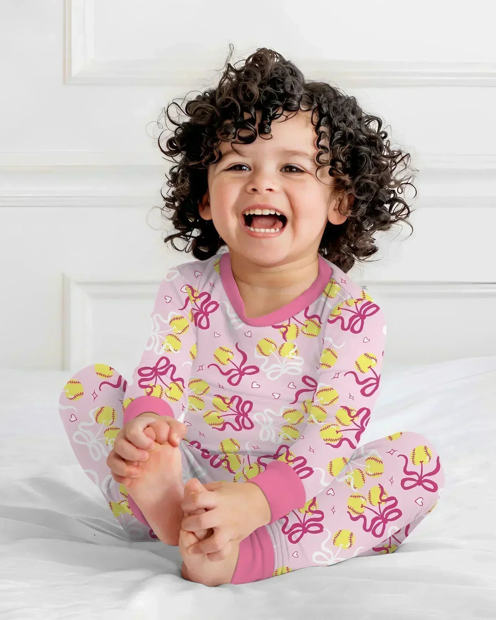 Softball Cherry Mom And Girl Matching Bamboo Two Piece Long Sleeve Pajama Set