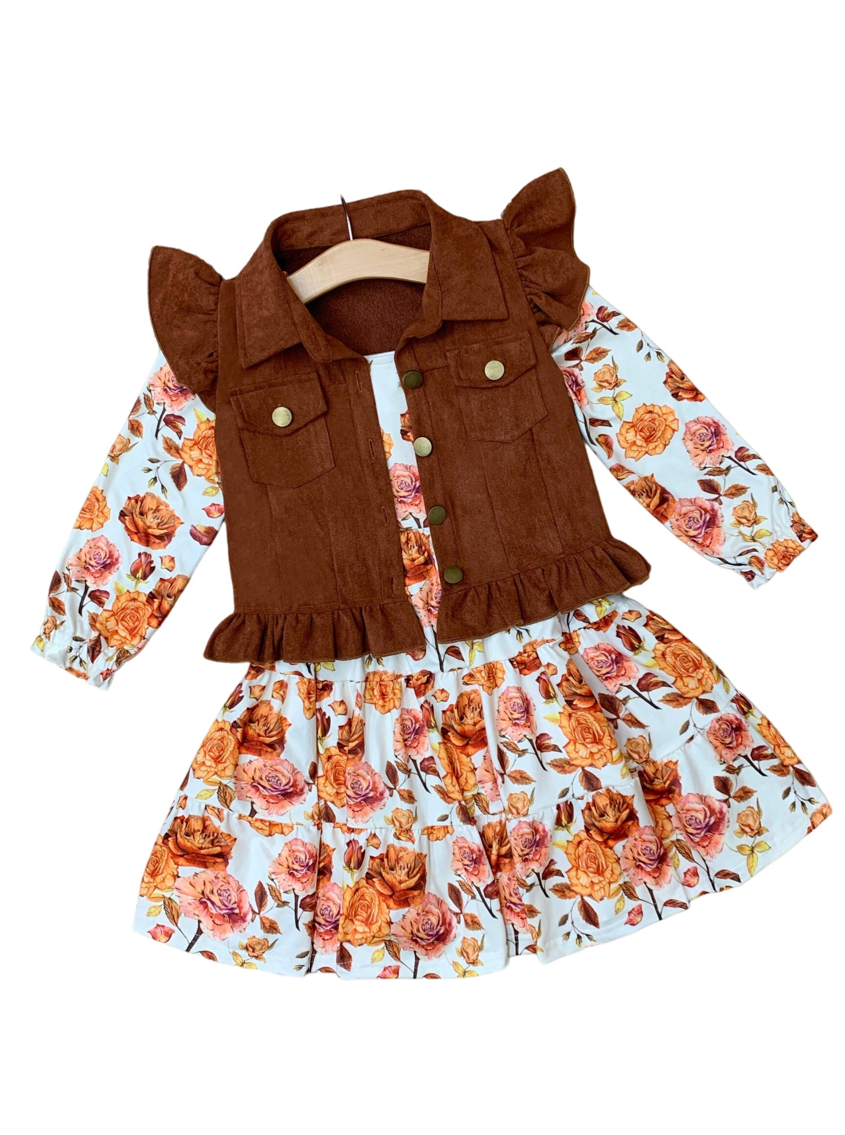 Autumn Floral Faux Suede Vest Dress Set