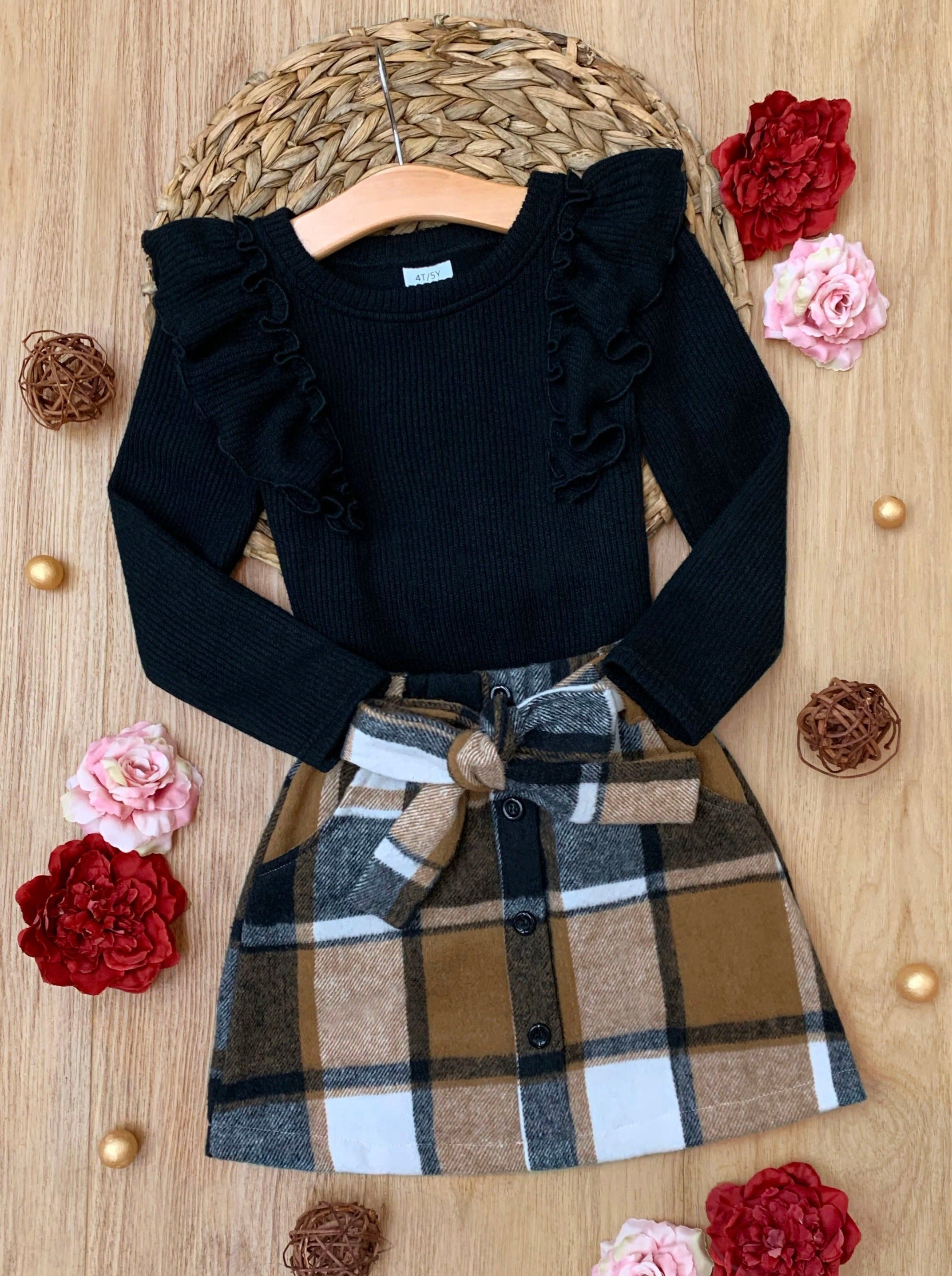 Classic Plaid Ruffled Top And Brushed Fleece Skirt Set