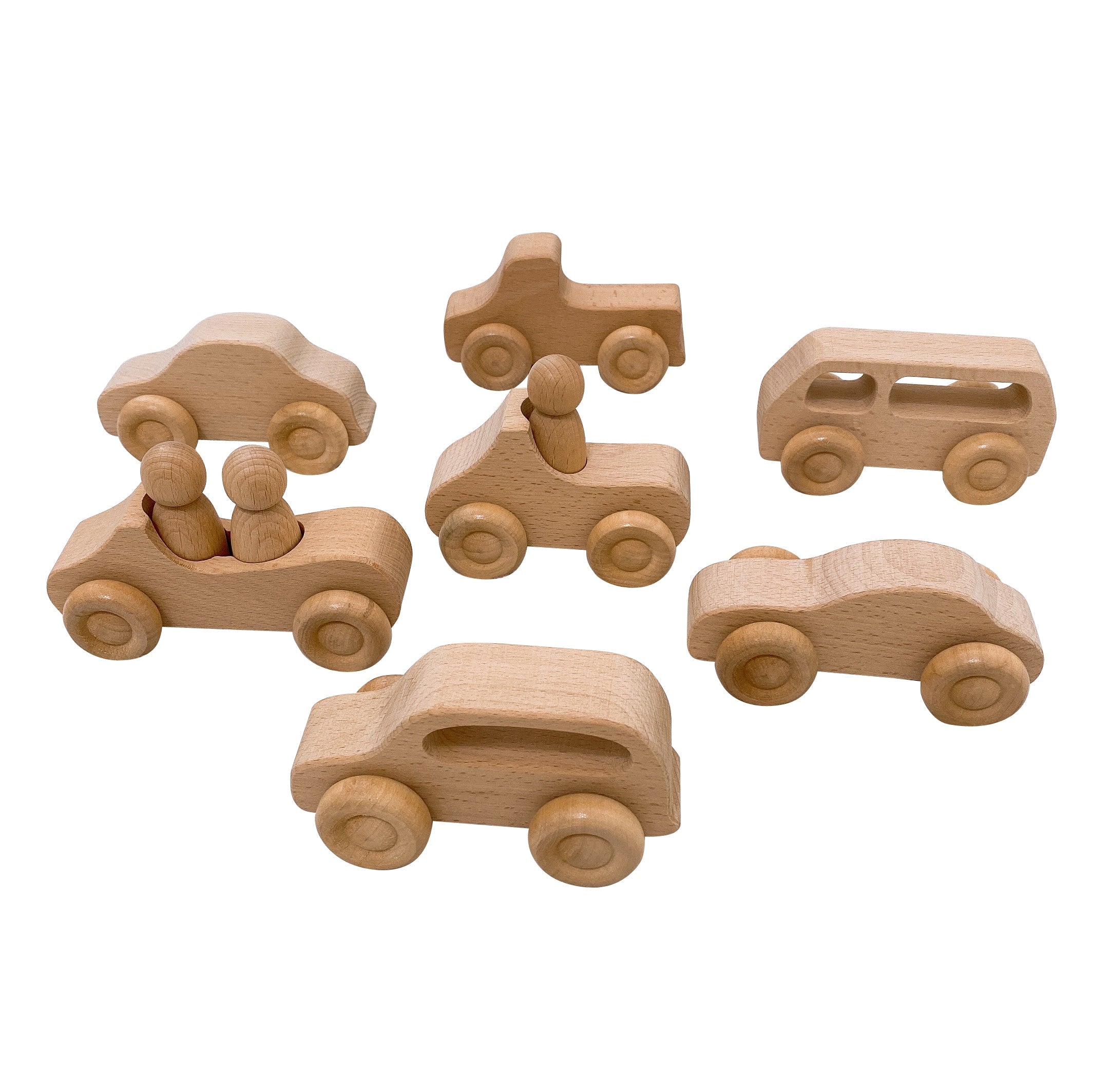 7 Pcs Natural Wooden Cars Set With 3 Pcs Peg Dolls