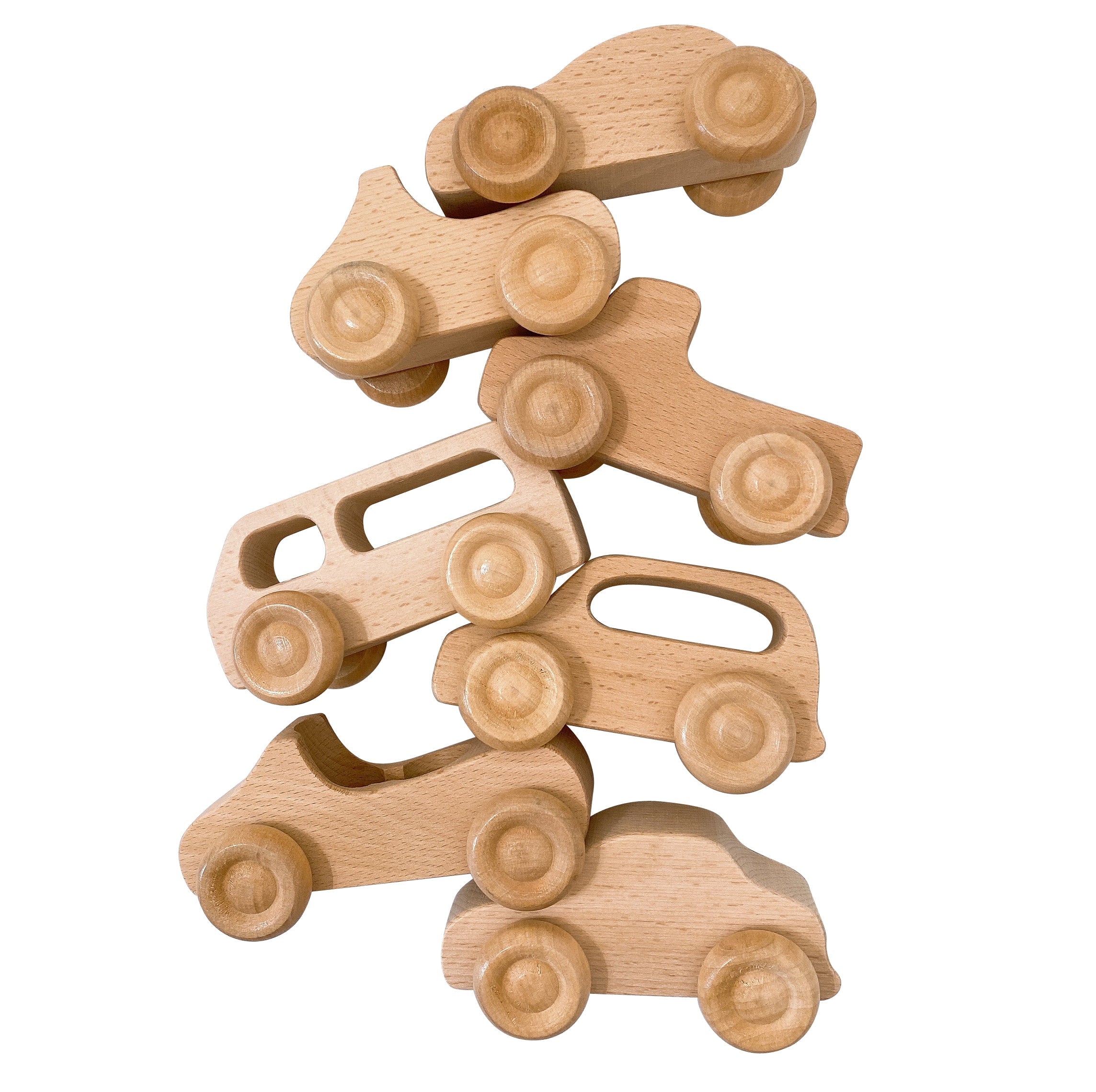 7 Pcs Natural Wooden Cars Set With 3 Pcs Peg Dolls