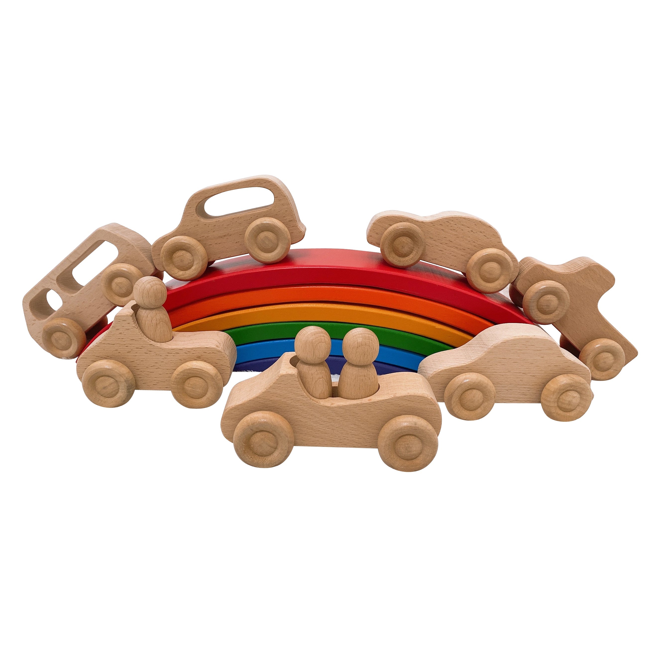 7 Pcs Natural Wooden Cars Set With 3 Pcs Peg Dolls