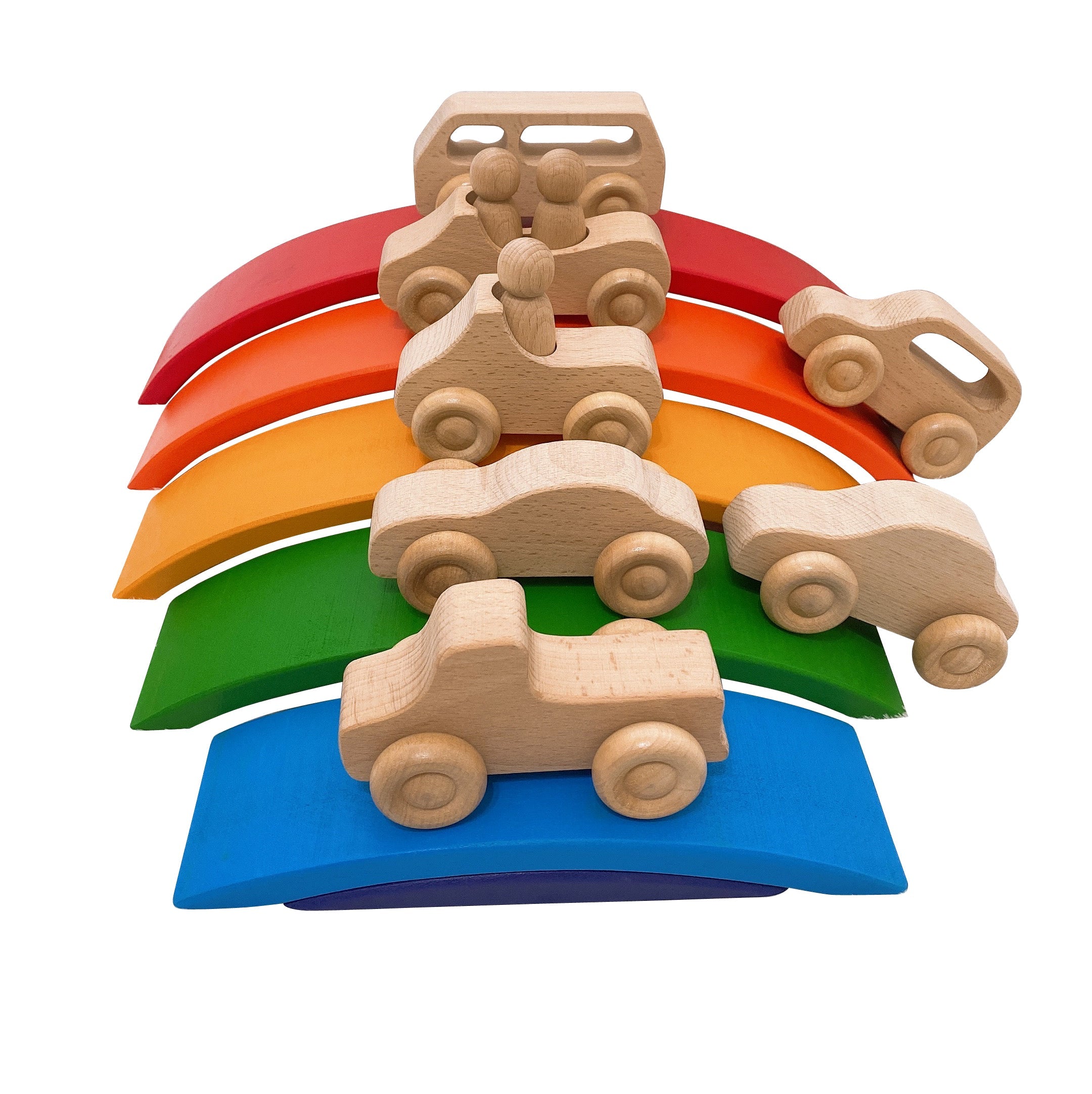 7 Pcs Natural Wooden Cars Set With 3 Pcs Peg Dolls