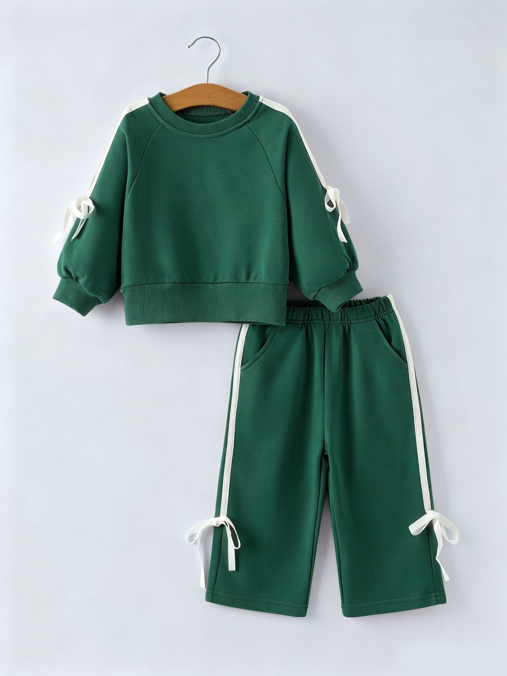 Girls Pink Bow Trim Sweatshirt And Pants Set