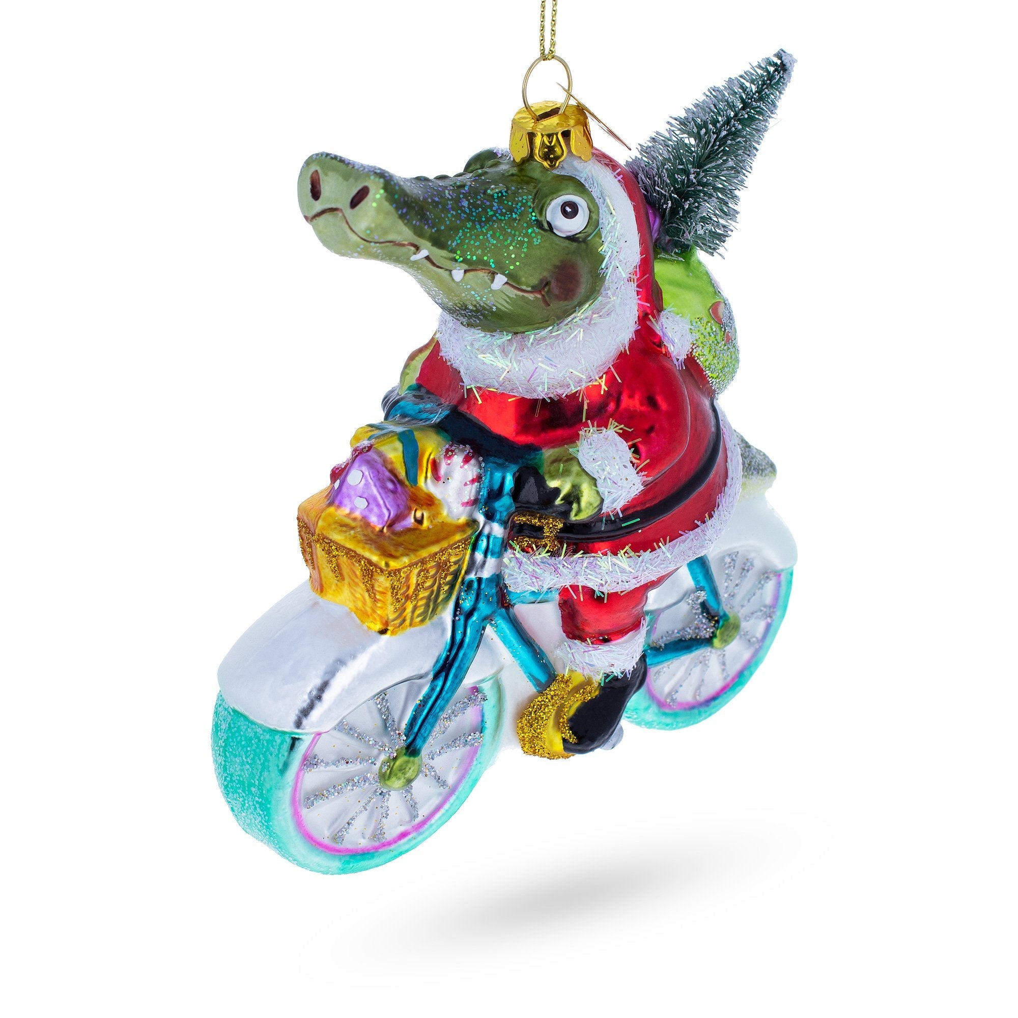 Playful Alligator Riding Bicycle With Gifts - Blown Glass Christmas Ornament