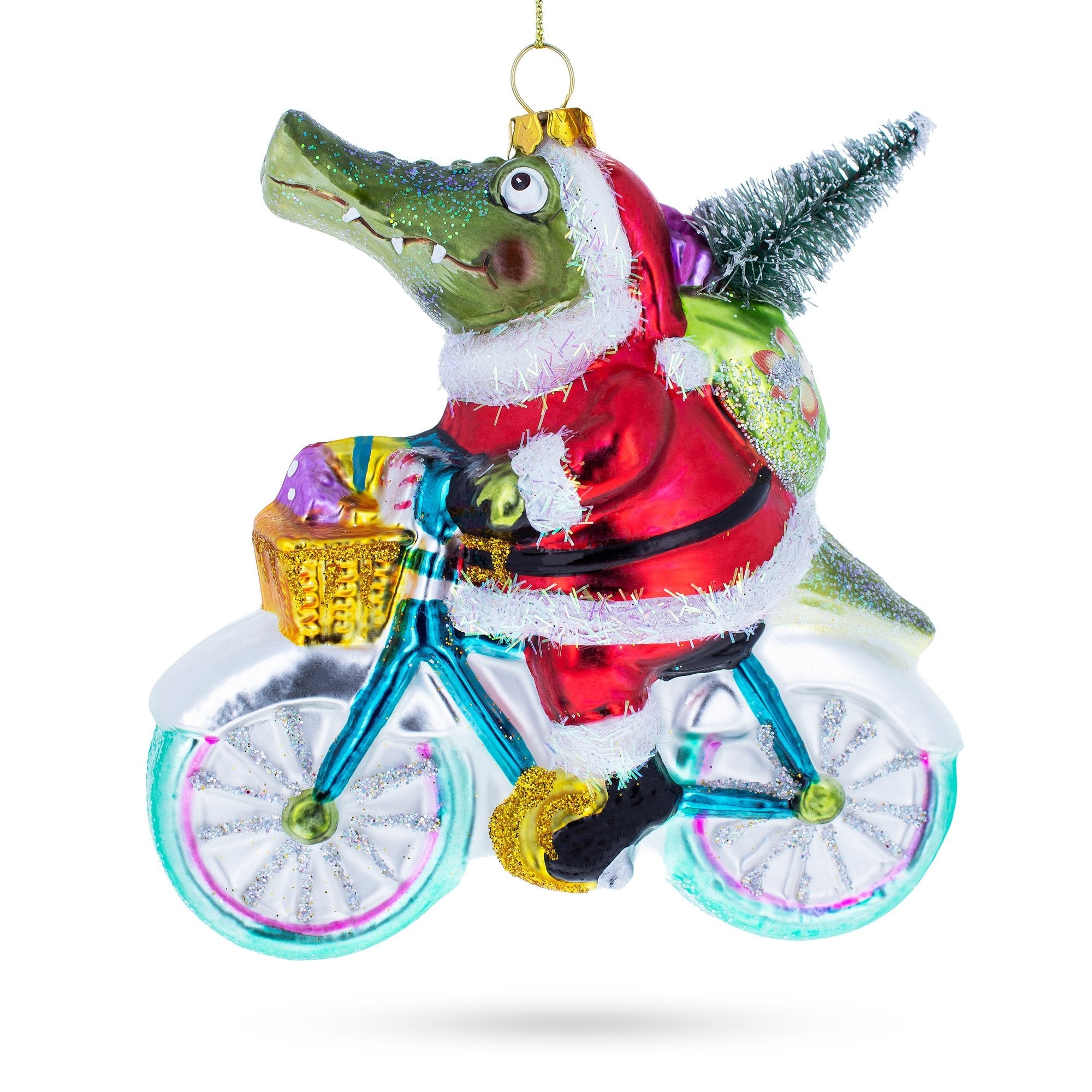 Playful Alligator Riding Bicycle With Gifts - Blown Glass Christmas Ornament