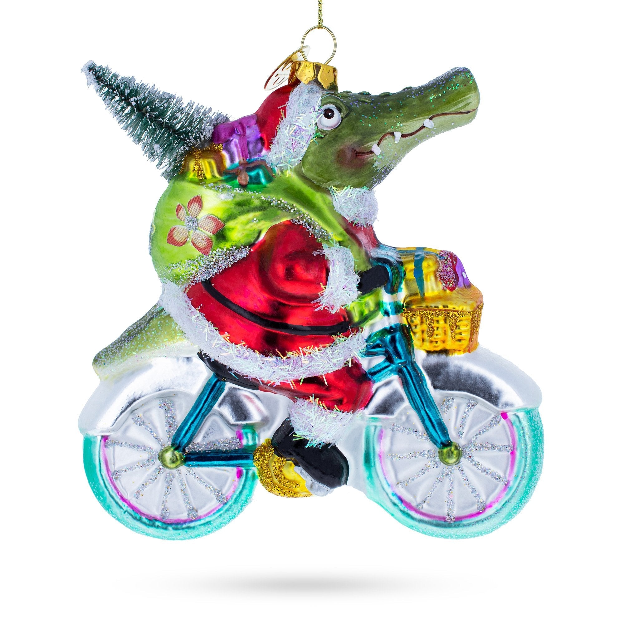 Playful Alligator Riding Bicycle With Gifts - Blown Glass Christmas Ornament