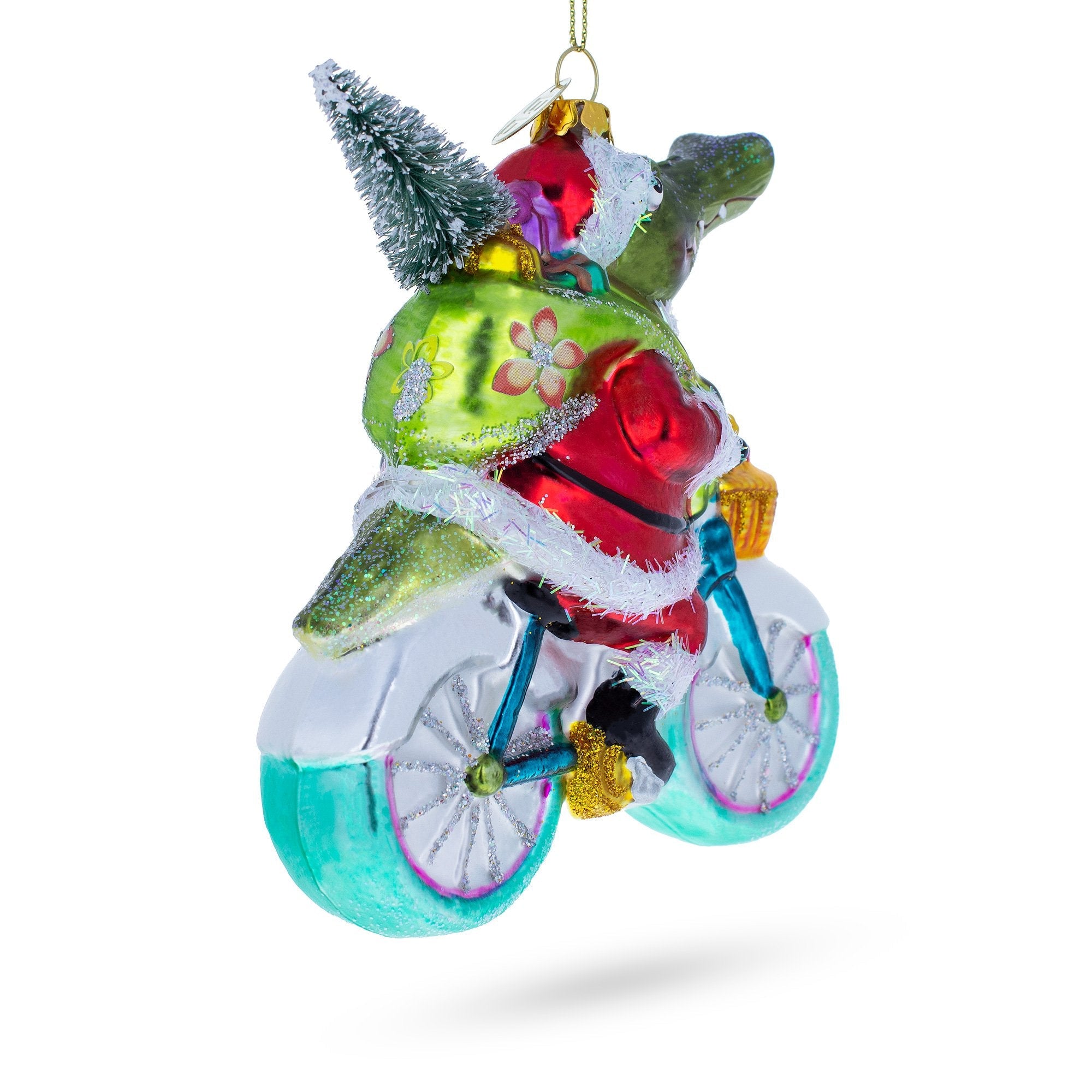 Playful Alligator Riding Bicycle With Gifts - Blown Glass Christmas Ornament