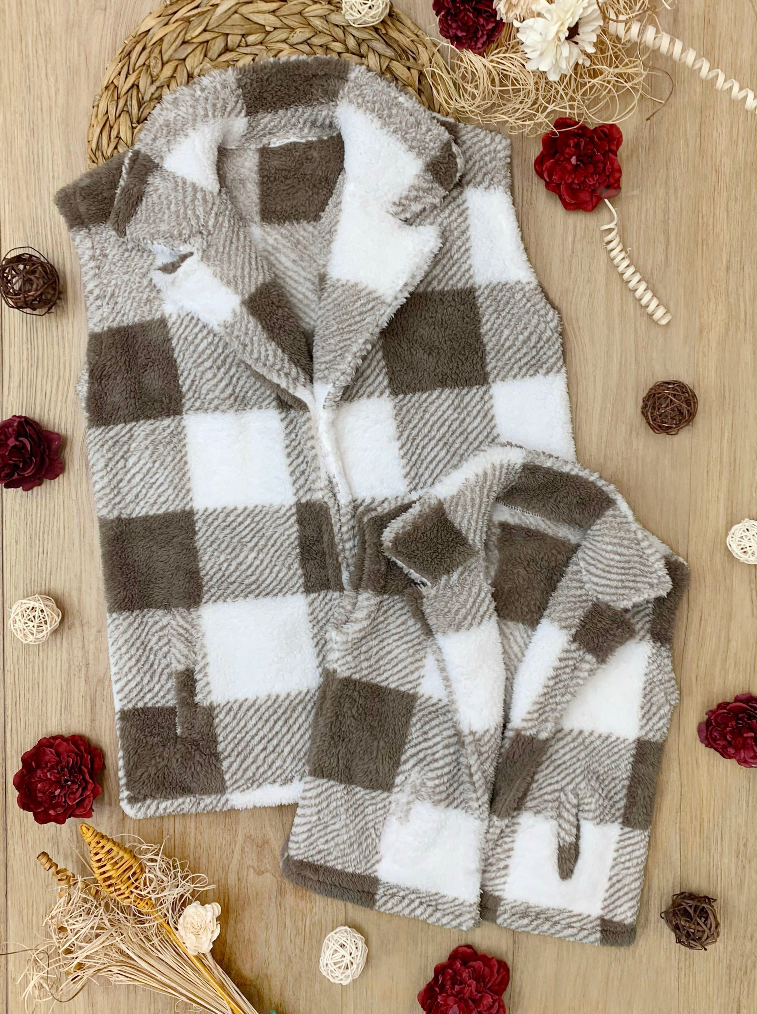 Mommy And Me Cozy Faux Fur Plaid Vest