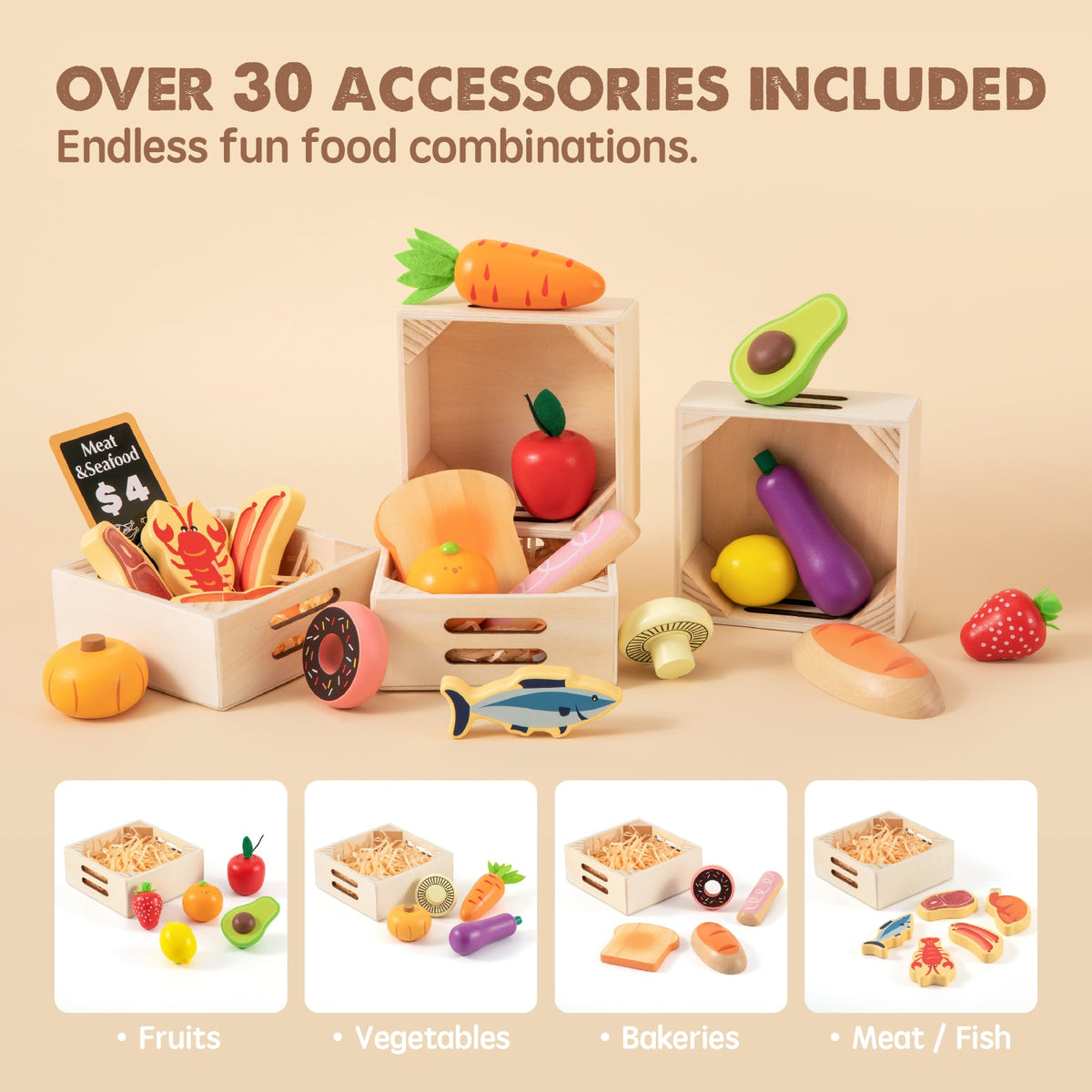 ® Play Kitchen Accessories – Wooden Play Food For Play Kitchen: Pretend Cooking Set For Kids