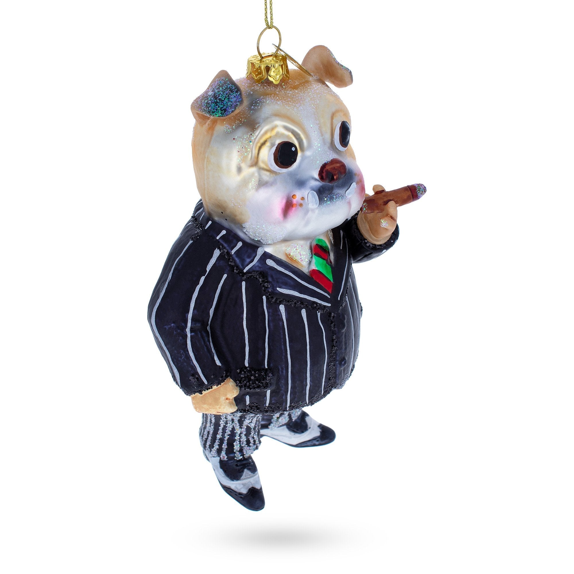 Dapper Bulldog In Suit With Cigar - Blown Glass Christmas Ornament