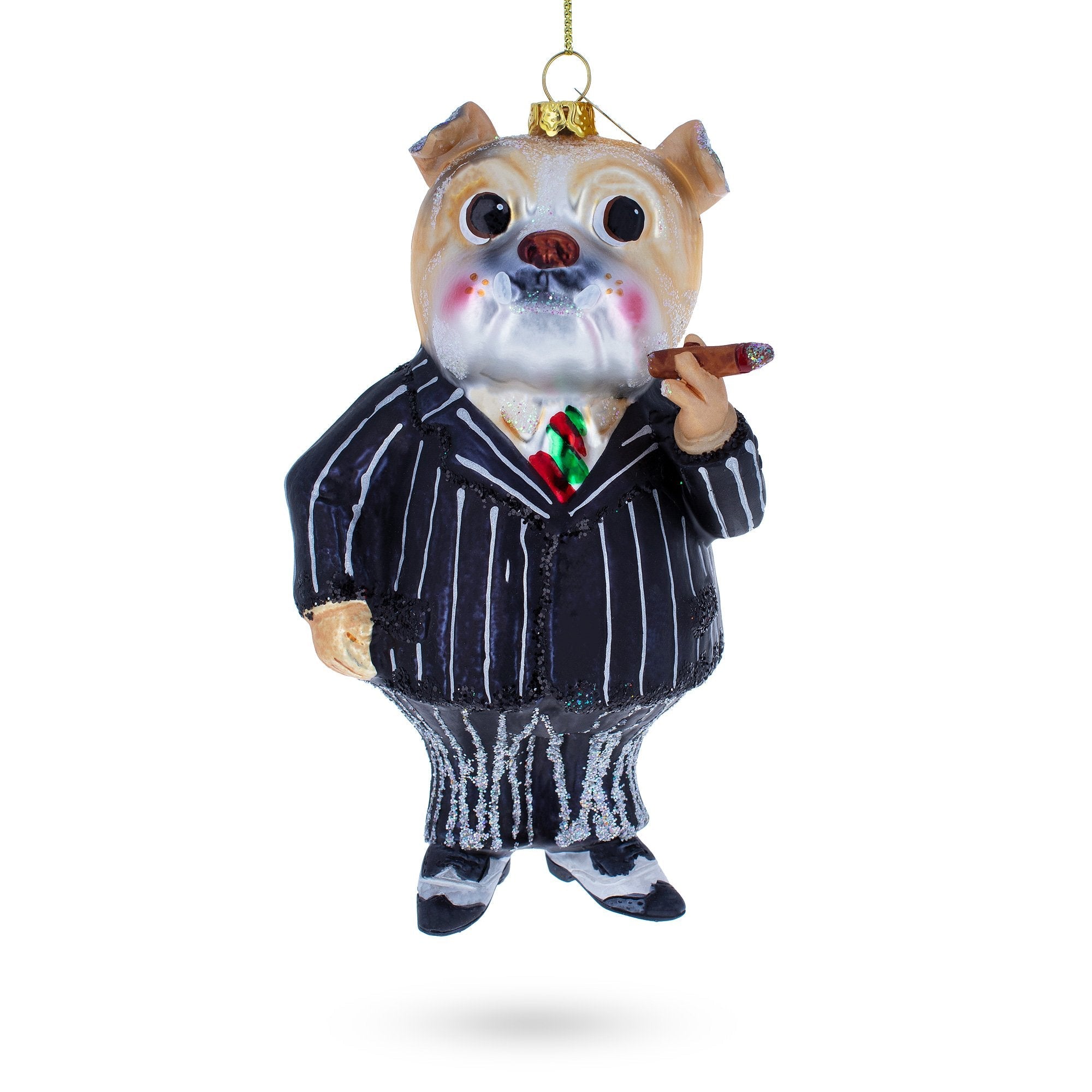 Dapper Bulldog In Suit With Cigar - Blown Glass Christmas Ornament